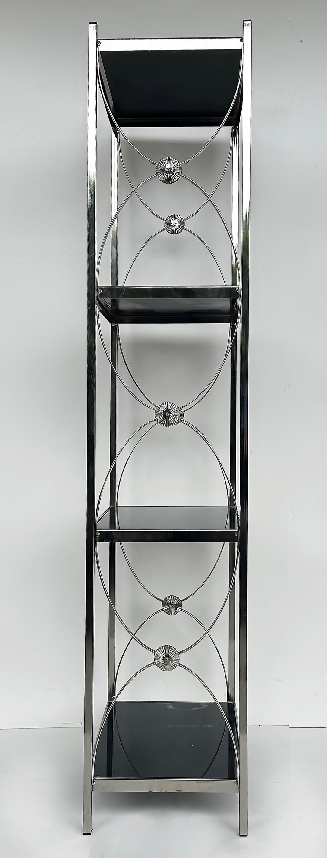 20th Century Vintage Chrome 3-Tiered Black Glass Shelves Etagere, A Pair For Sale