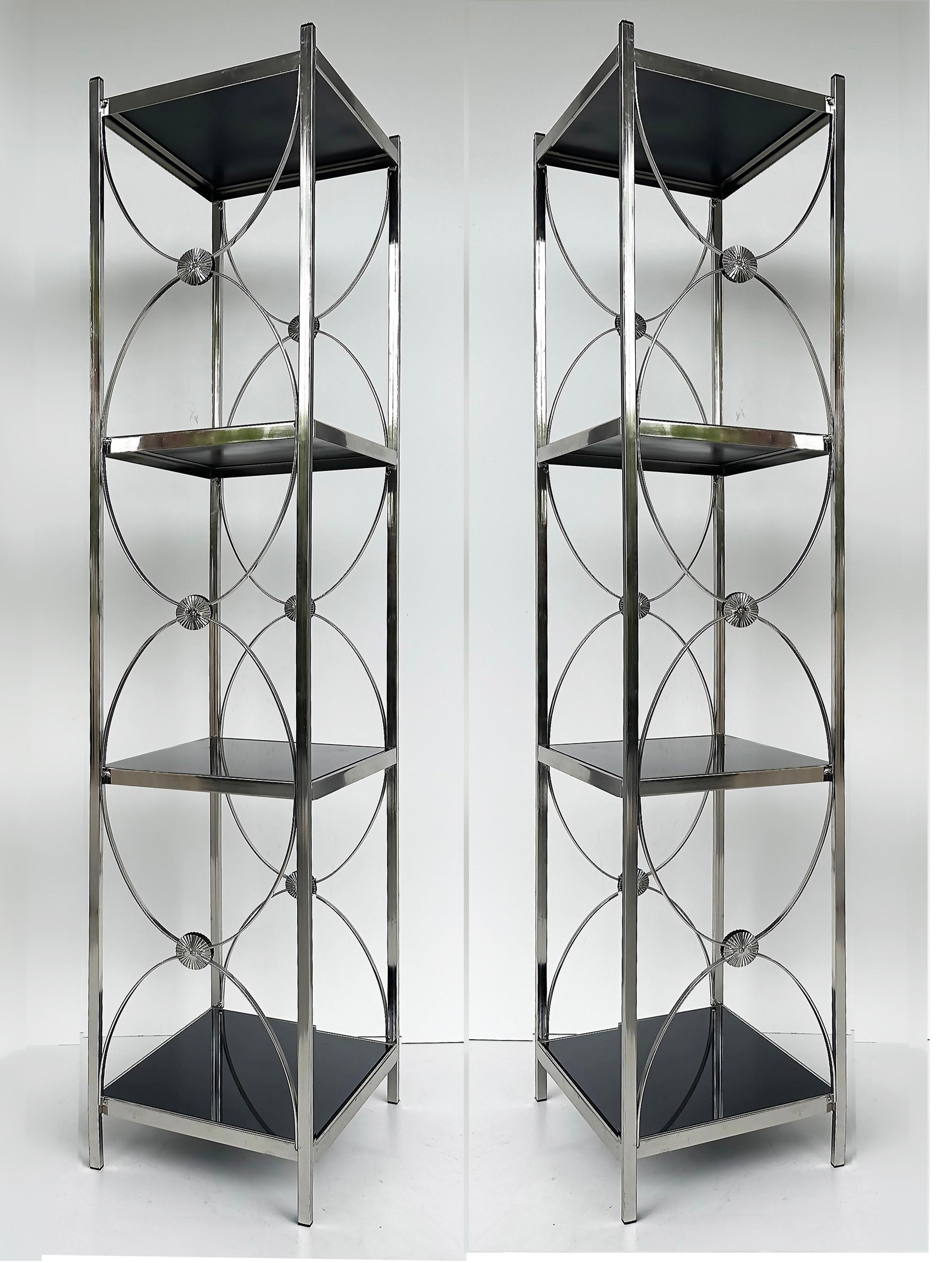 Vintage Chrome 3-Tiered Black Glass Shelves Etagere, A Pair For Sale 1
