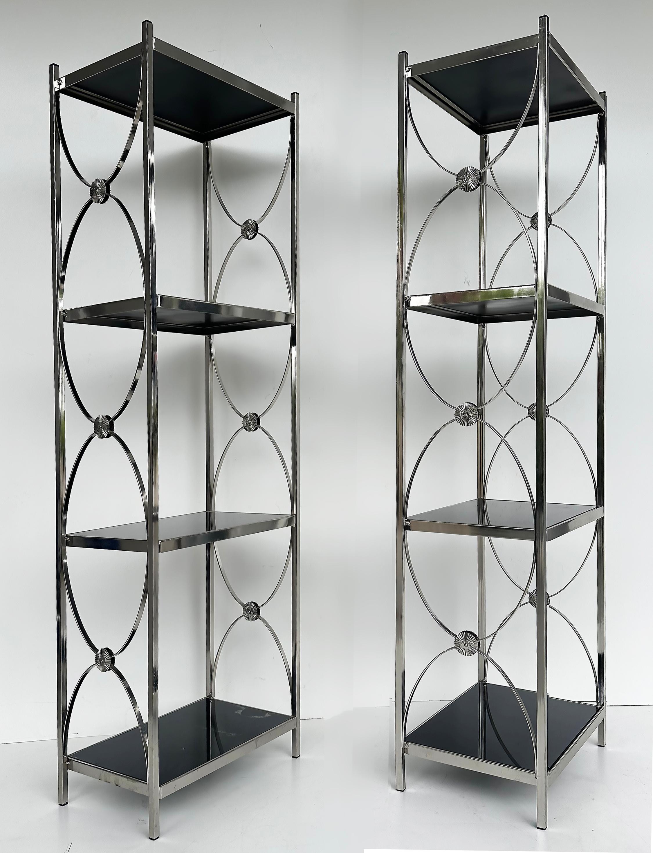 Vintage Chrome 3-Tiered Black Glass Shelves Etagere, A Pair For Sale 2
