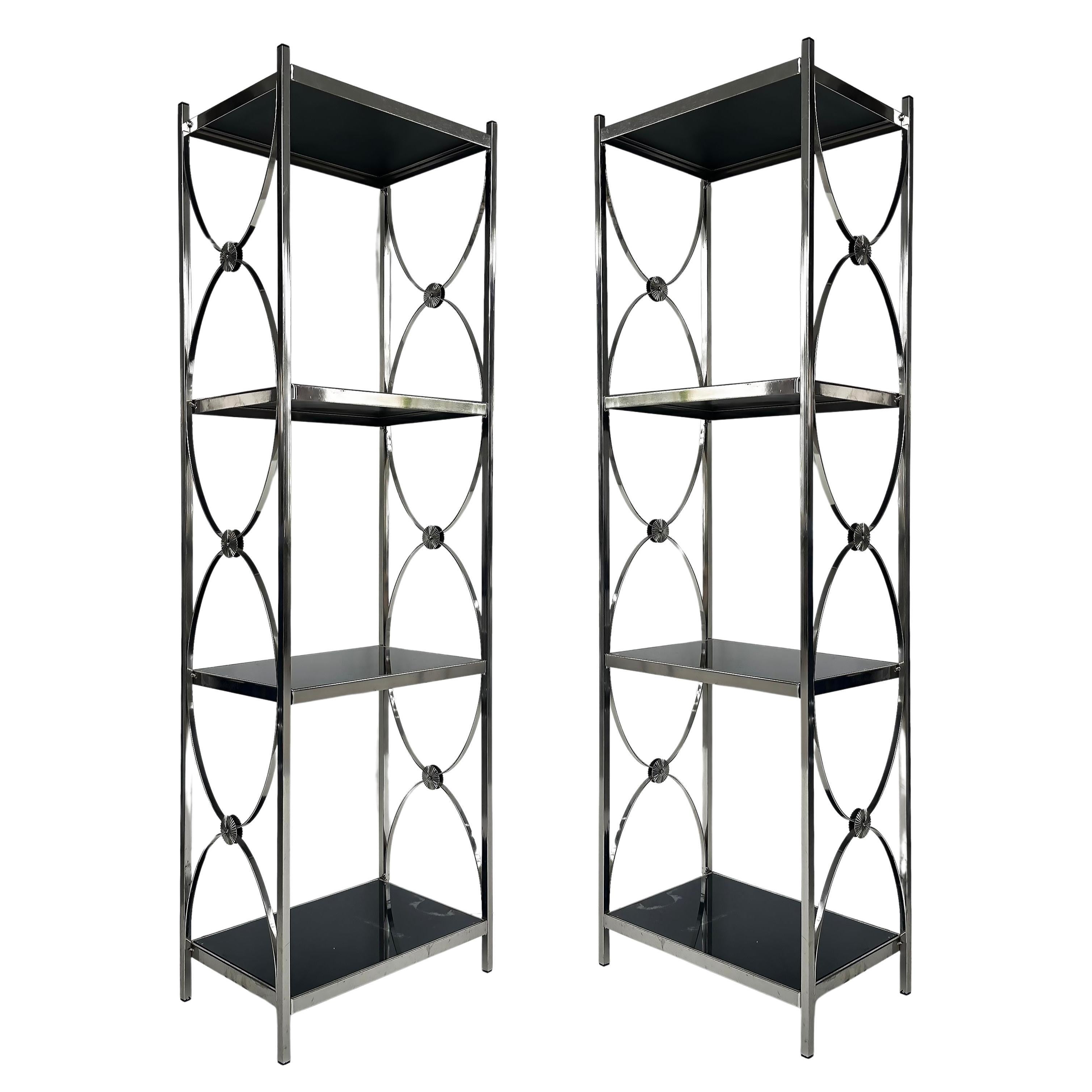 Vintage Chrome 3-Tiered Black Glass Shelves Etagere, A Pair For Sale
