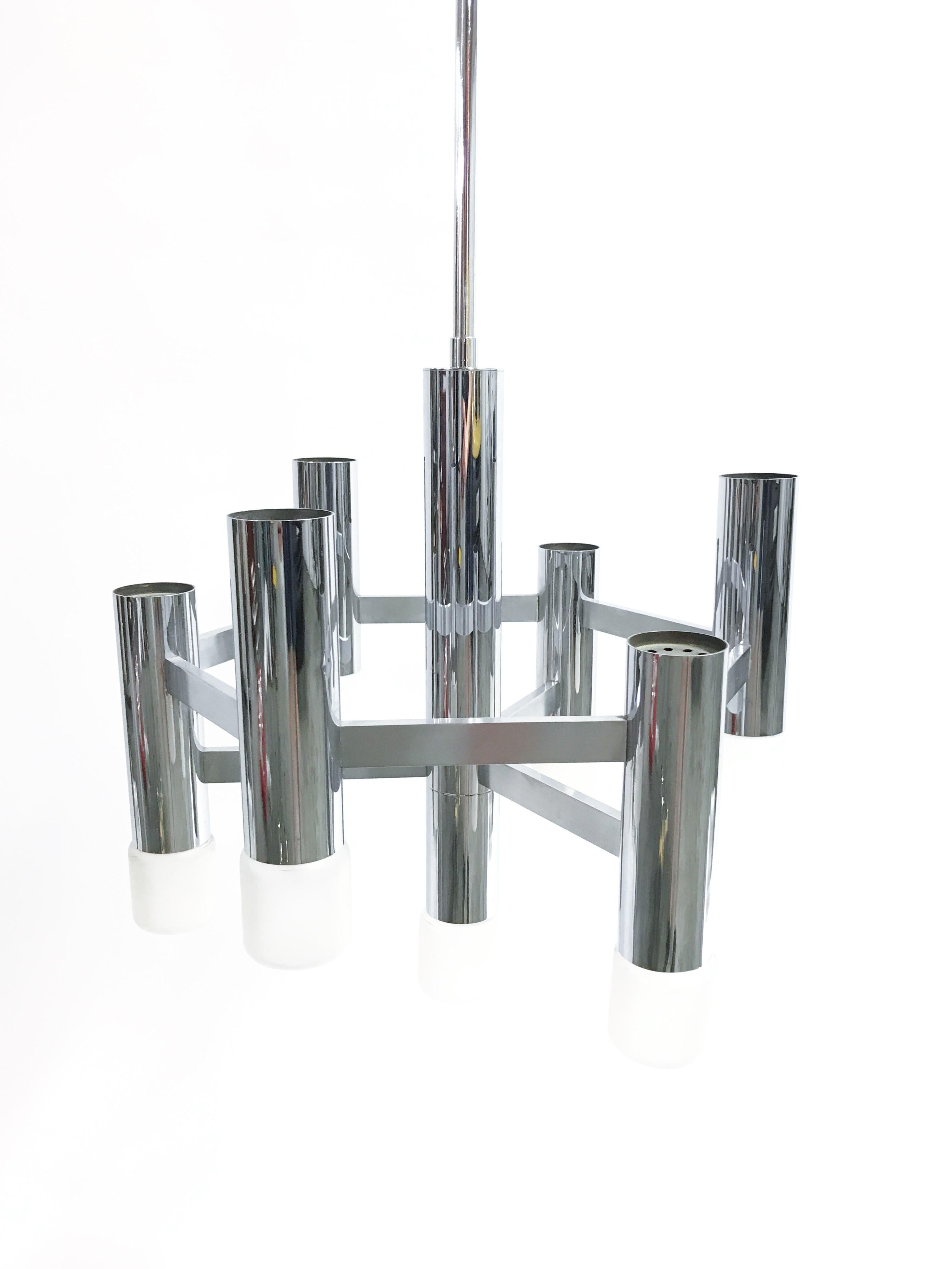 Vintage Chrome 7 Lightpoint Chandelier by Gaetano Sciolari, 1970s In Excellent Condition In HEVERLEE, BE