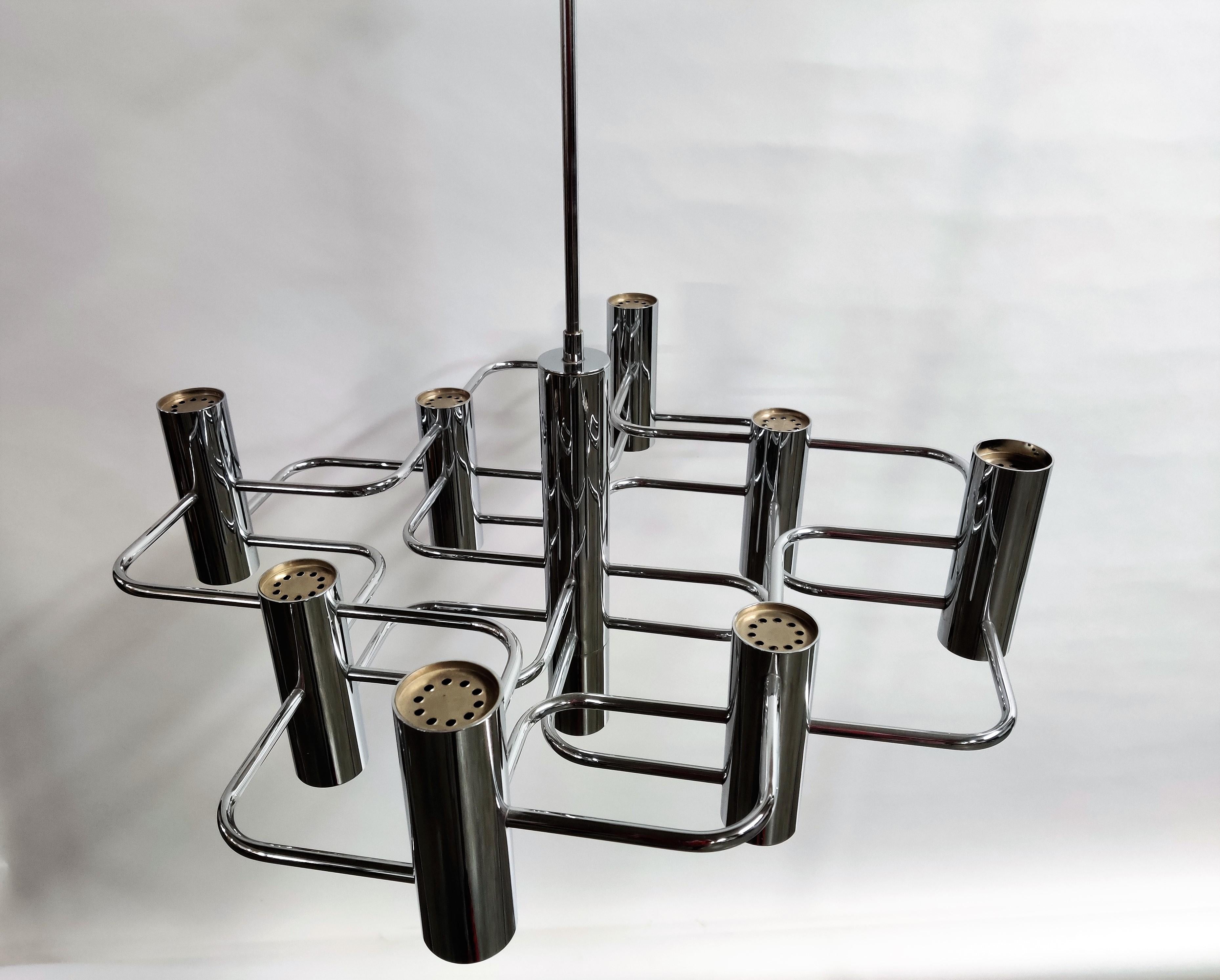 Italian Vintage Chrome 9 Lightpoint Chandelier by Gaetano Sciolari, 1970