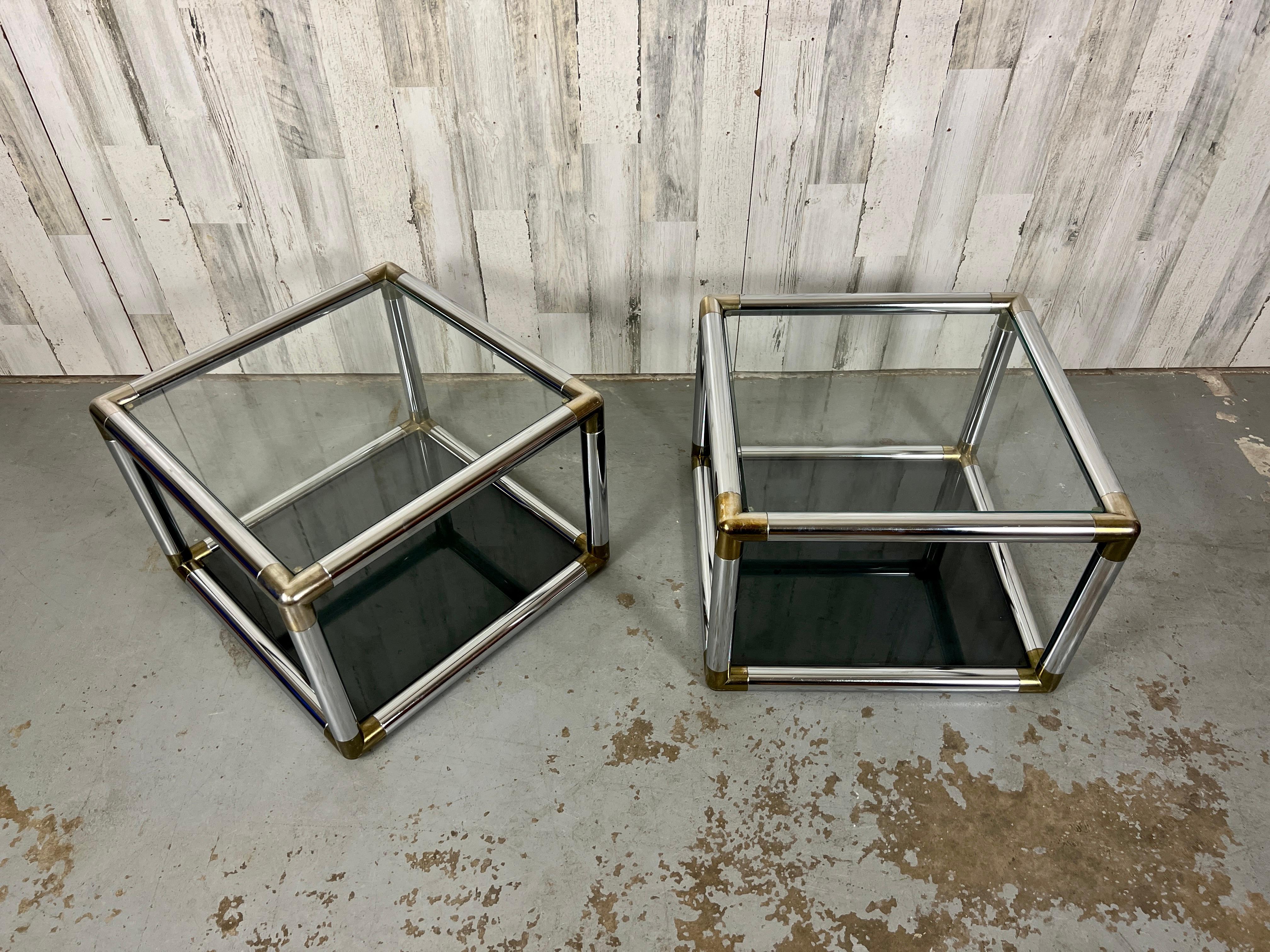 Mid-Century Modern Vintage Chrome and Brass Cube End Tables  For Sale