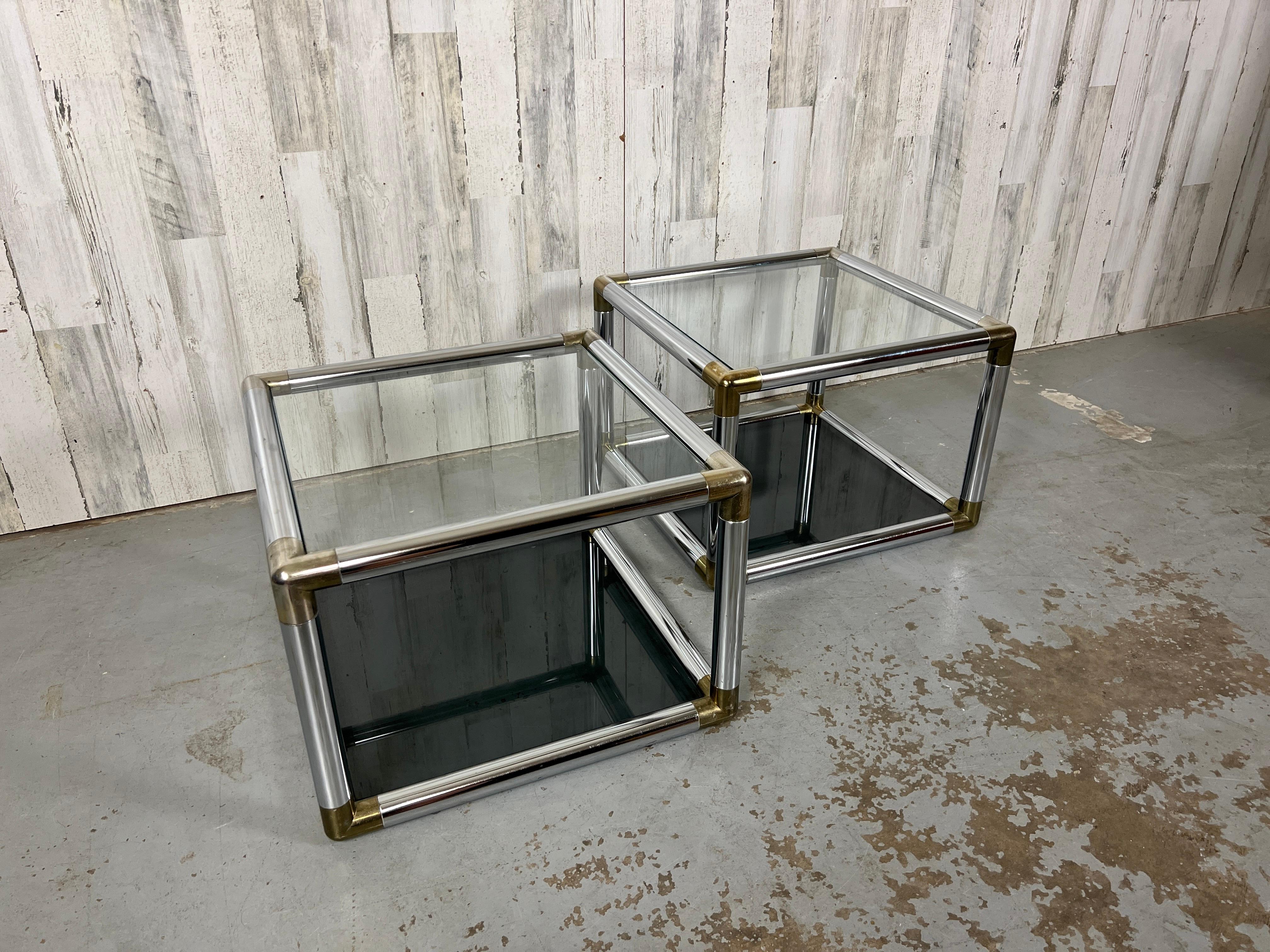 North American Vintage Chrome and Brass Cube End Tables  For Sale