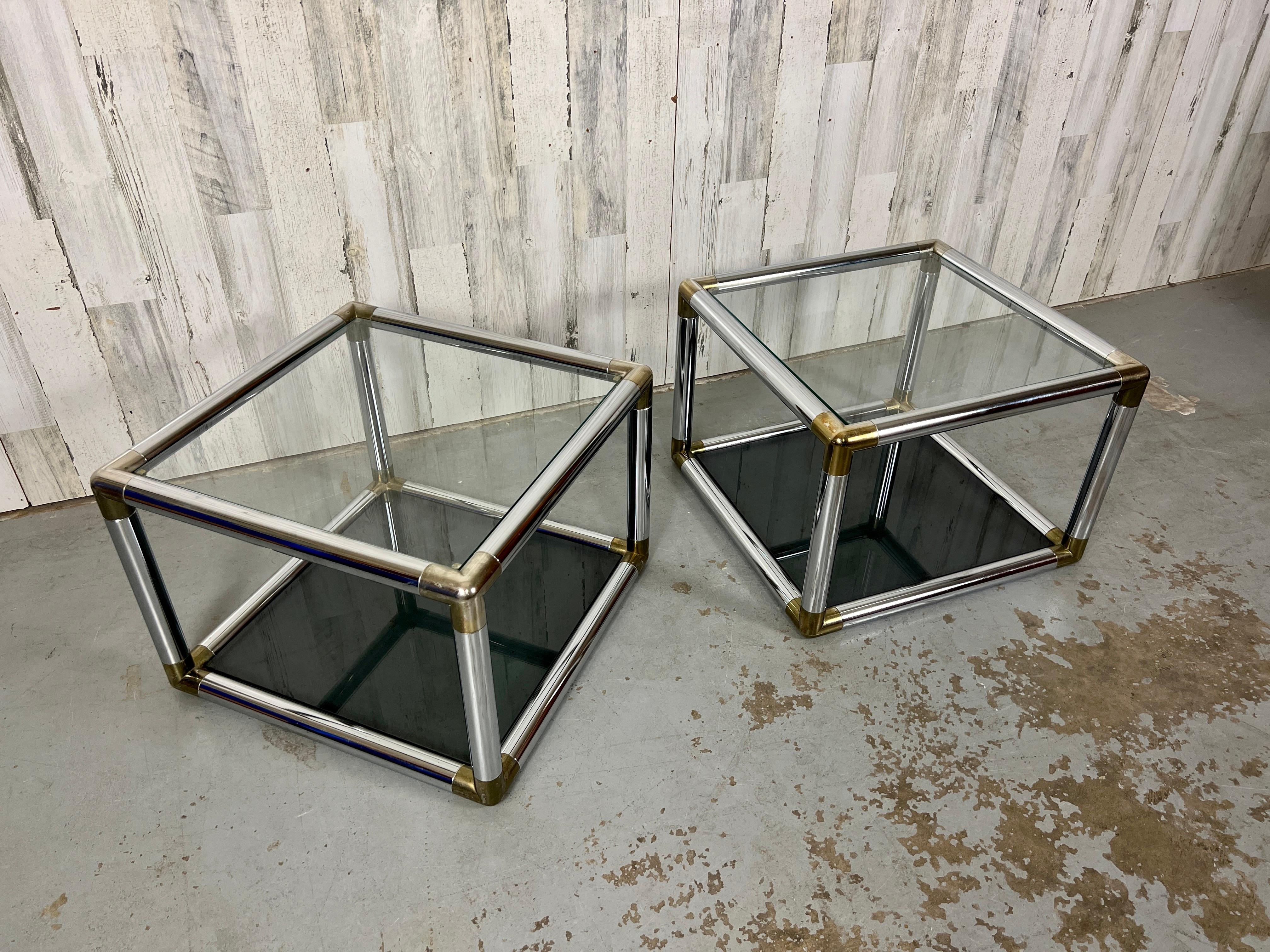 Vintage Chrome and Brass Cube End Tables  In Good Condition For Sale In Denton, TX