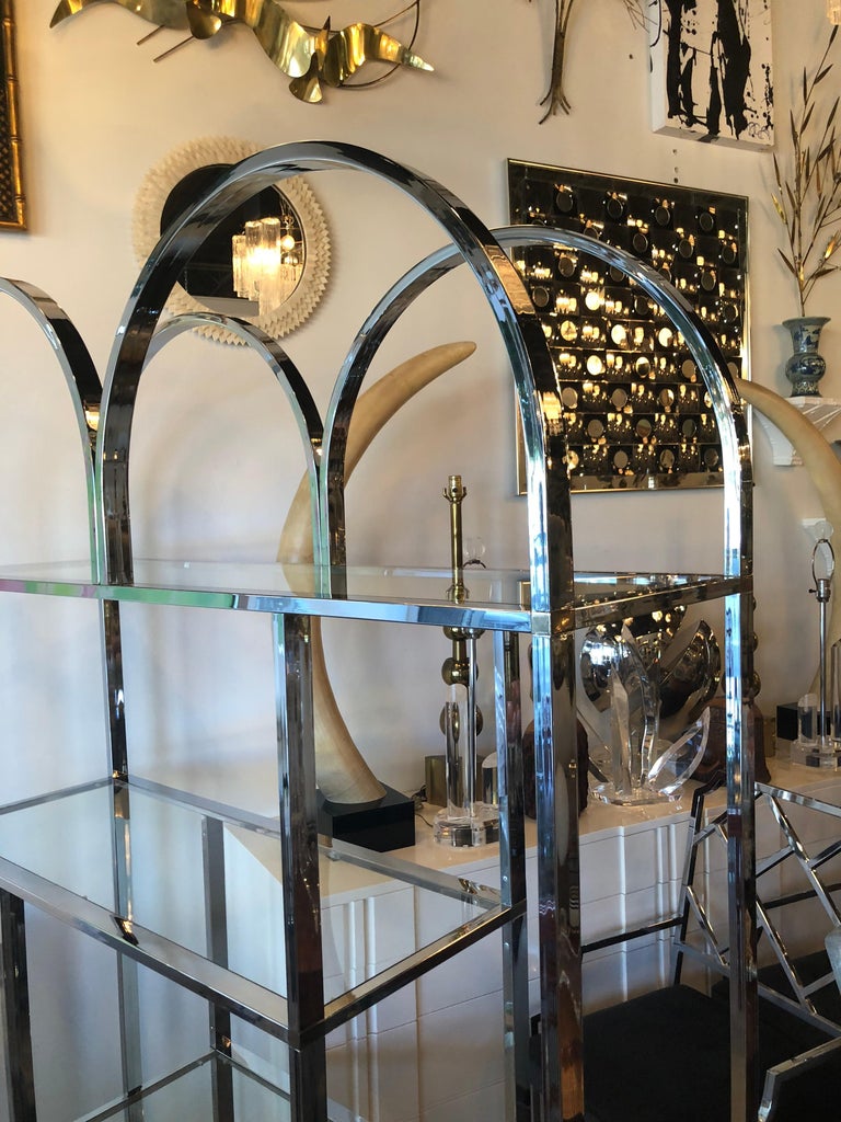 American Vintage Chrome and Brass Etagere Arched Glass Display Shelf Shelves For Sale