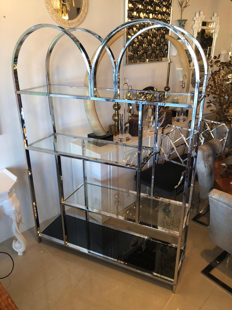 Late 20th Century Vintage Chrome and Brass Etagere Arched Glass Display Shelf Shelves For Sale
