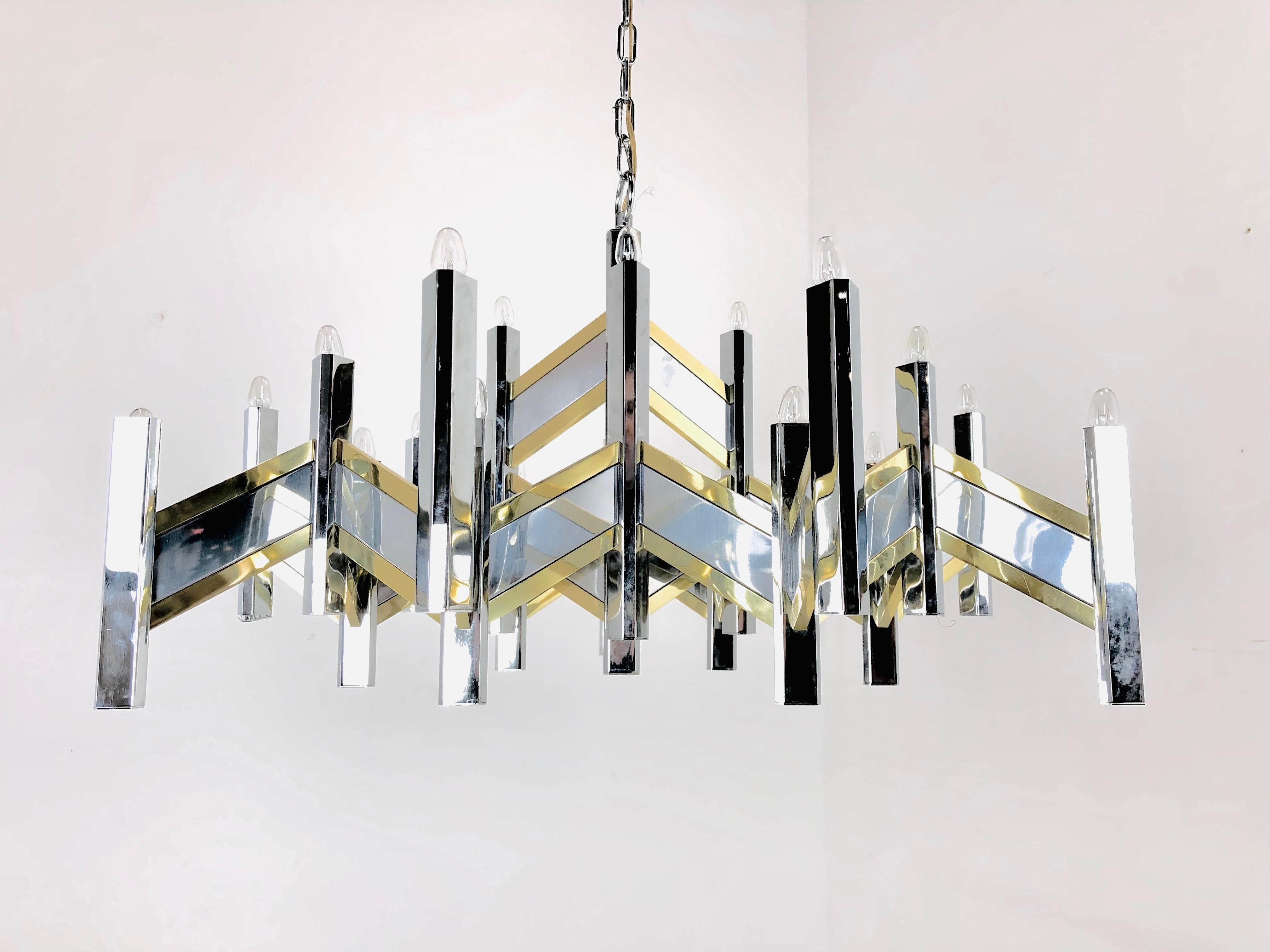 20th Century Vintage Chrome and Brass Geometric Sciolari Chandelier