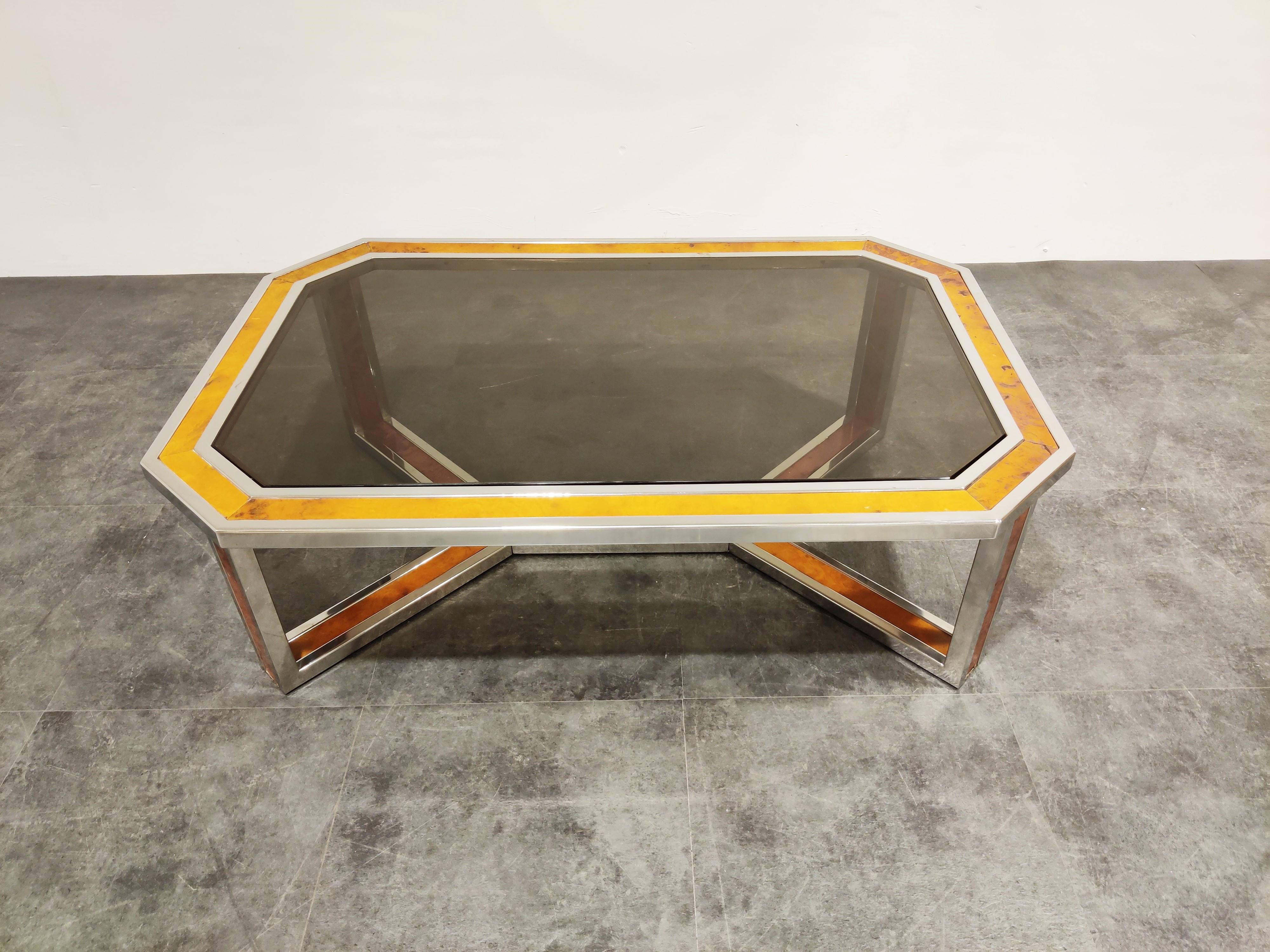 Hollywood Regency Vintage Chrome and Burl Wood Coffee Table, 1970s