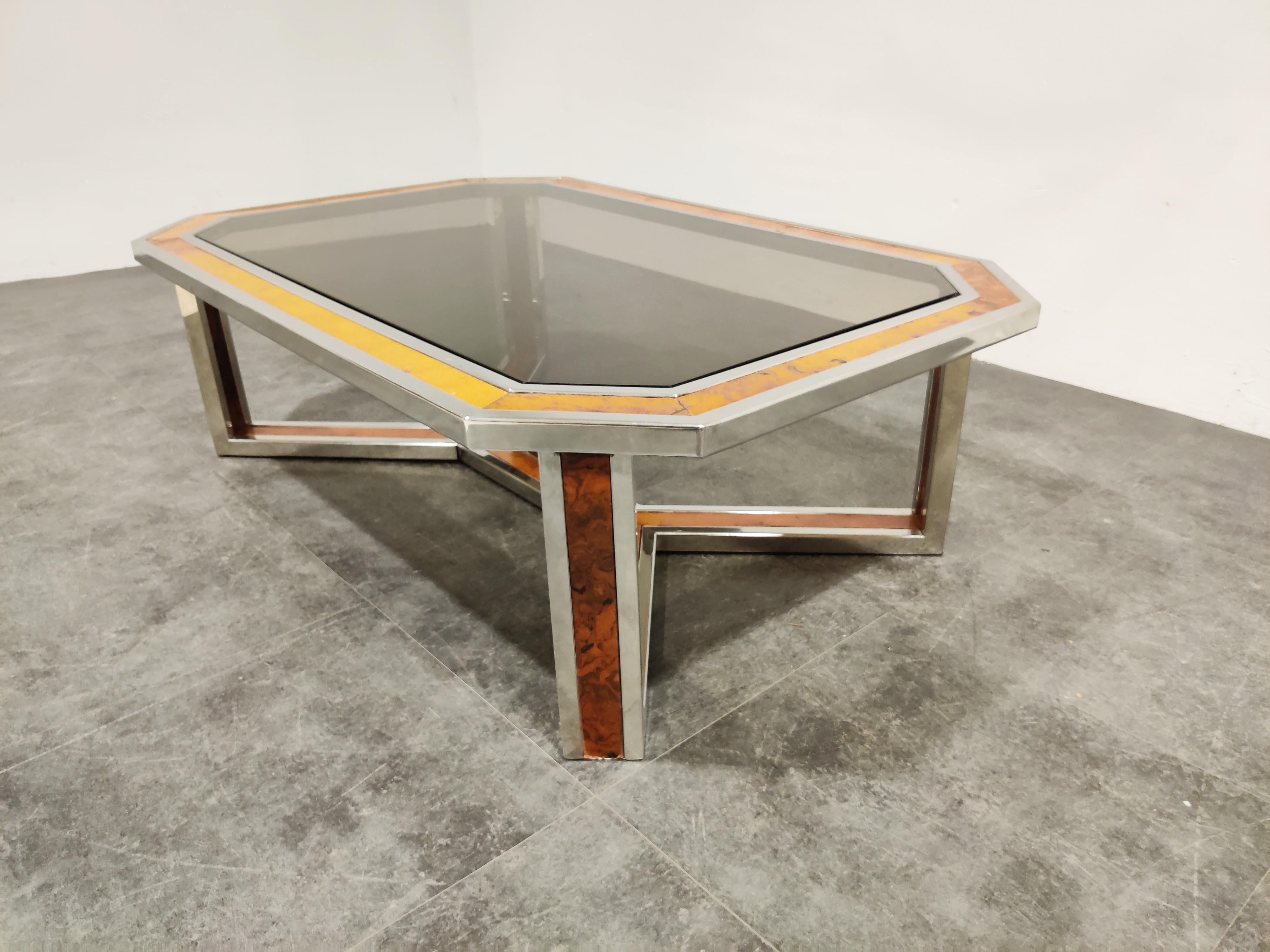 French Vintage Chrome and Burl Wood Coffee Table, 1970s