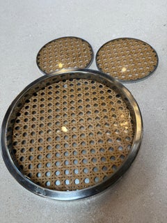 Bandeja vintage de cromo y caña con posavasos a juego, años 70