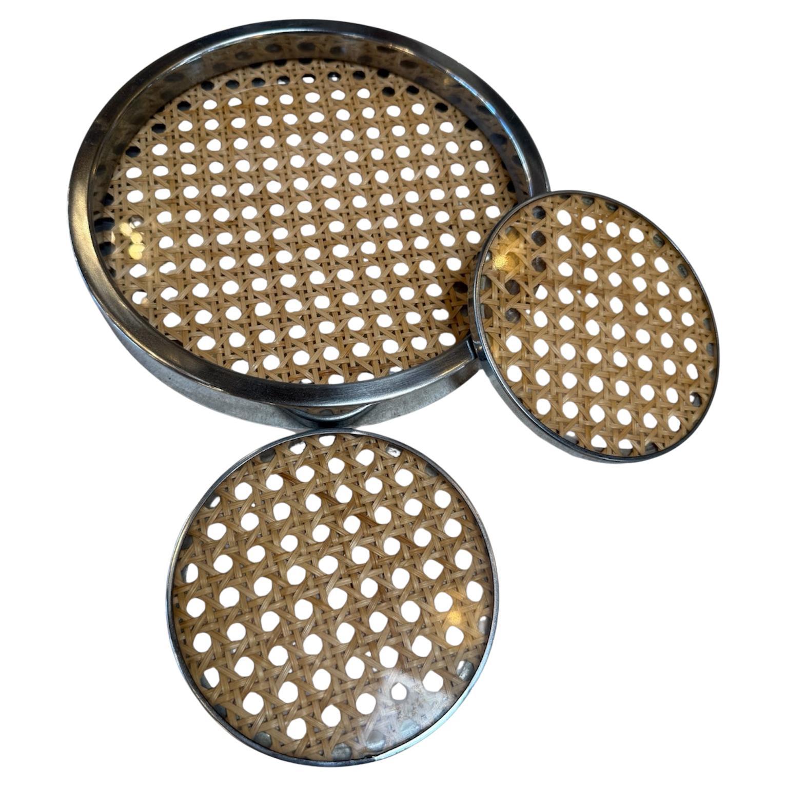 Vintage Chrome and Cane Tray with Matching Coasters, 1970s For Sale