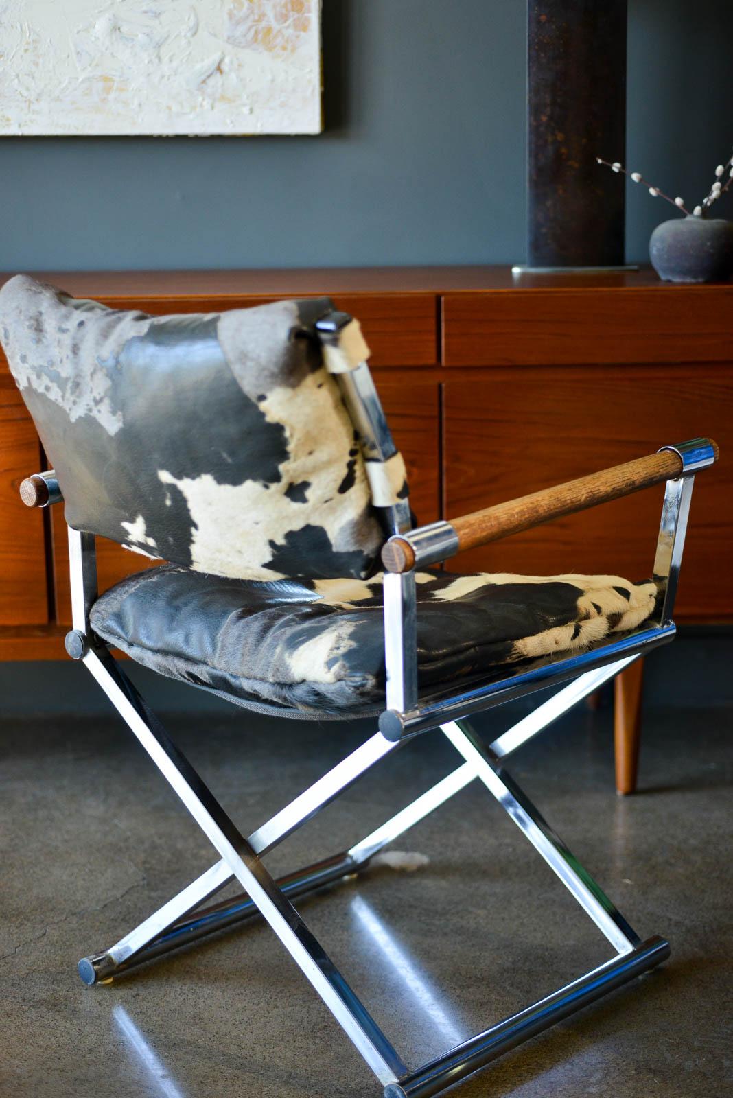 Mid-Century Modern Vintage Chrome and Cowhide Directors Chair, ca. 1970