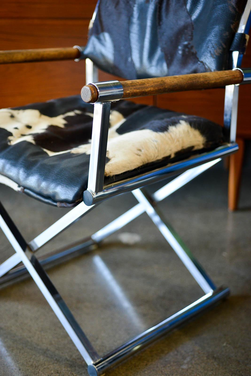Vintage Chrome and Cowhide Directors Chair, ca. 1970 In Good Condition In Costa Mesa, CA