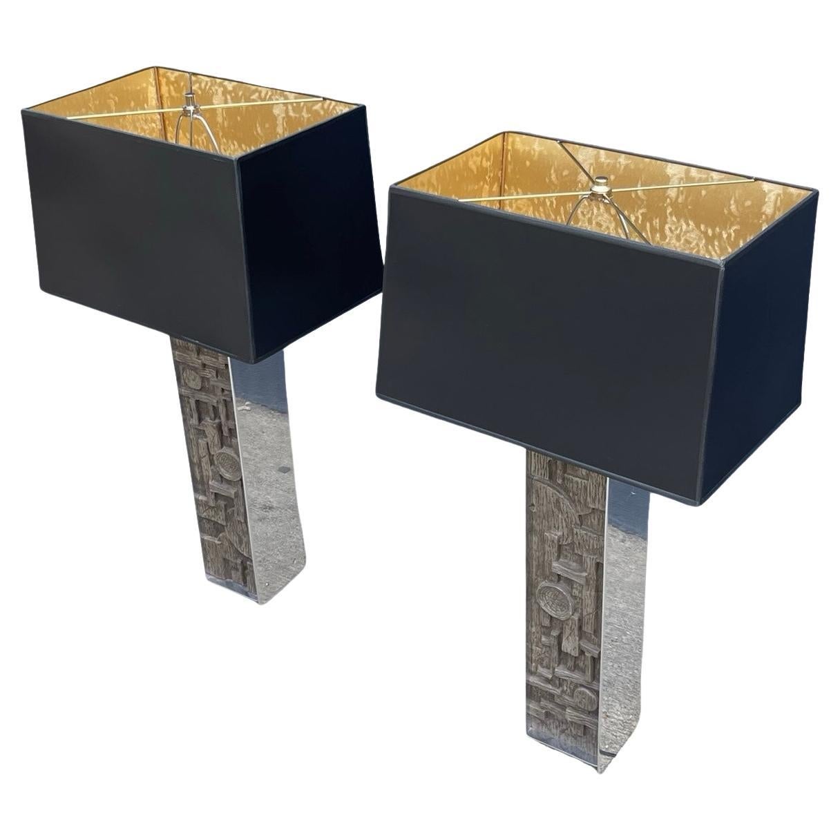 Lampes de table brutalistes vintage en chrome et faux bois