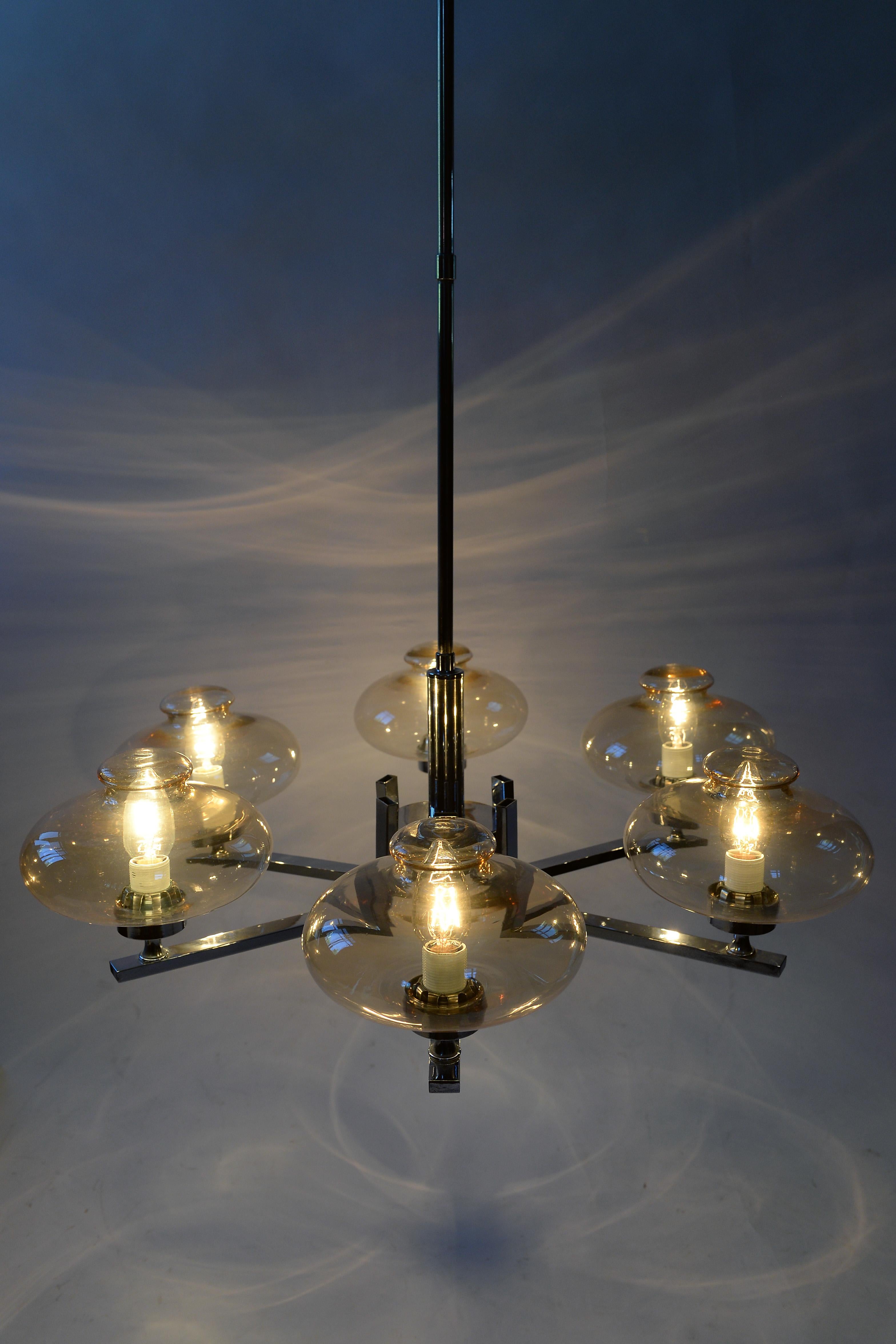 Vintage Chrome and Glass Chandelier in the Manner of Holger Johansson, 1960s 1