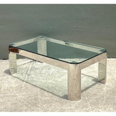 Vintage Chrome And Glass Coffee Table After Karl Springer