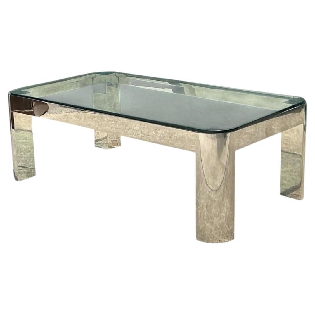 Vintage Chrome And Glass Coffee Table After Karl Springer