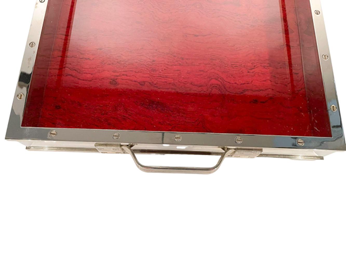 Mid-Century Modern Vintage Chrome and Lacquered Wood Serving Tray with Countersunk Screwhead Detail