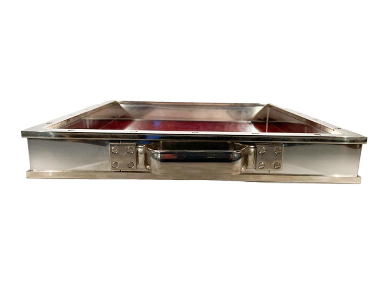 American Vintage Chrome and Lacquered Wood Serving Tray with Countersunk Screwhead Detail