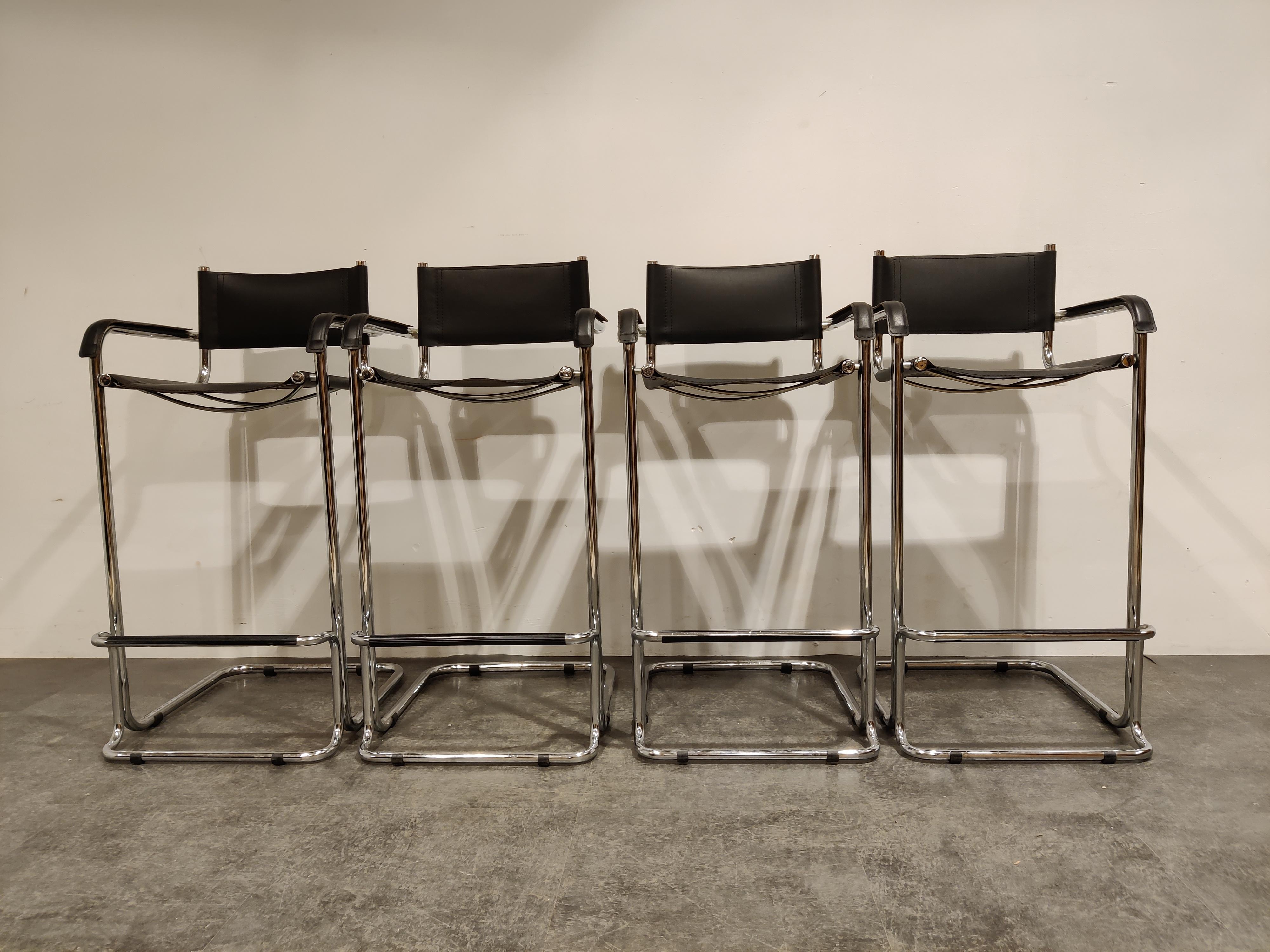 Bauhaus Vintage Chrome and Leather Bar Stools, 1970s, Set of 4