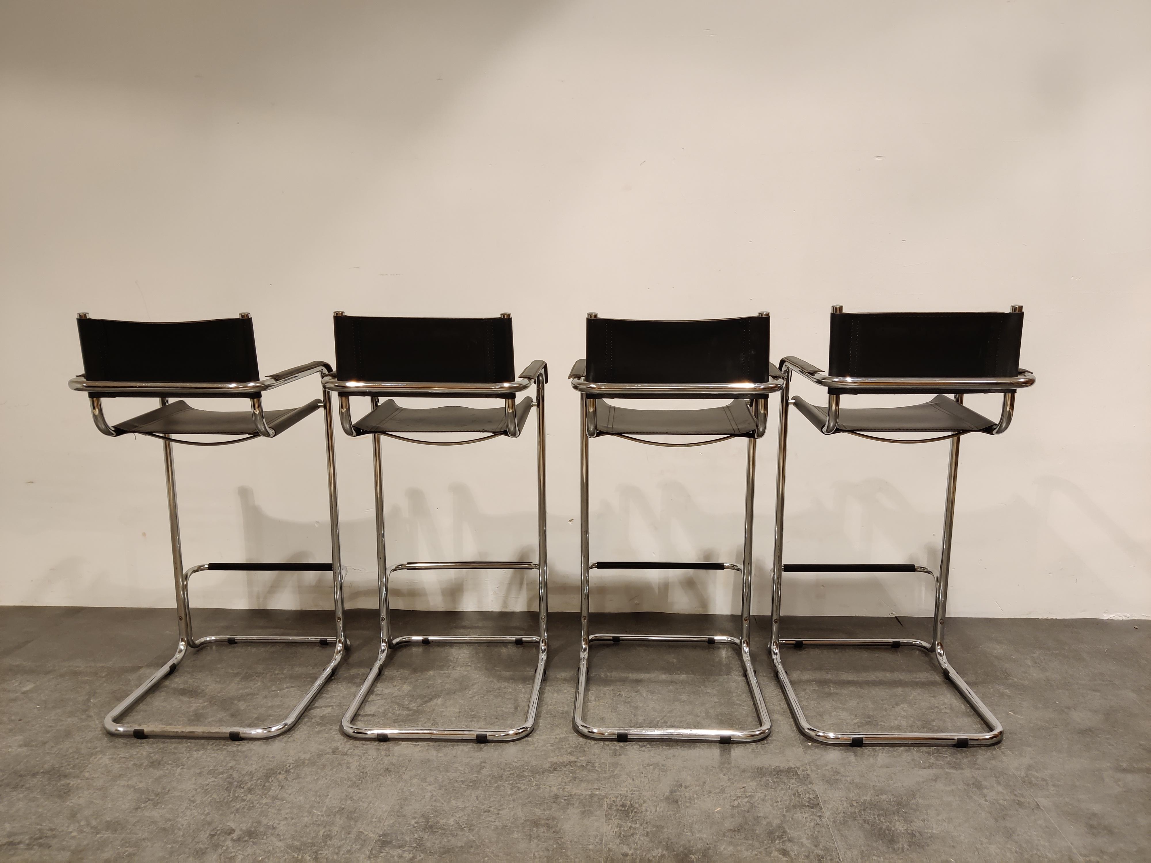 Vintage Chrome and Leather Bar Stools, 1970s, Set of 4 In Good Condition In Leuven, Vlaams Gewest