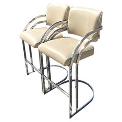 Vintage Chrome and Leather Barstools After Milo Baughman