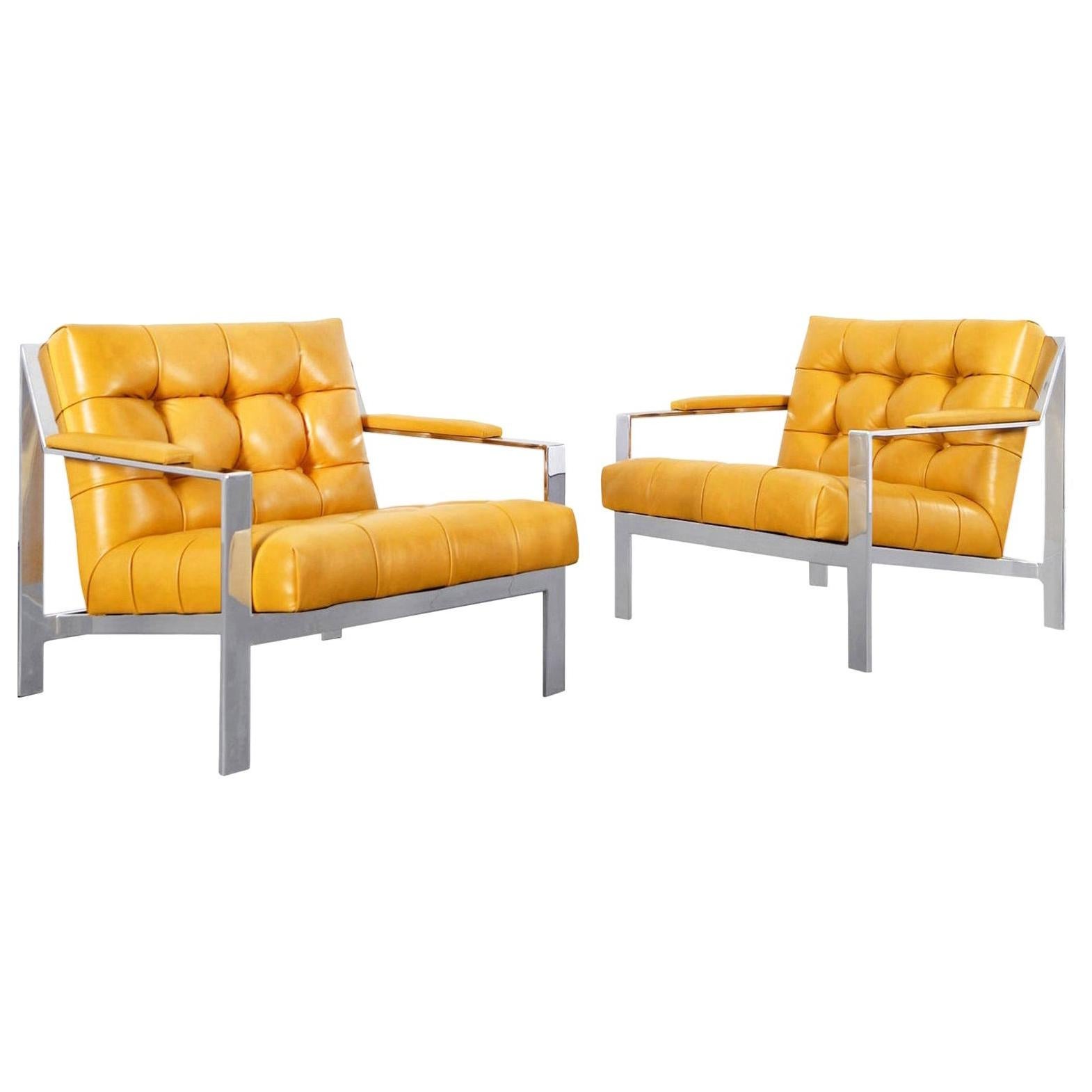 Vintage Chrome and Leather Biscuit Tufted Lounge Chairs by Cy Mann