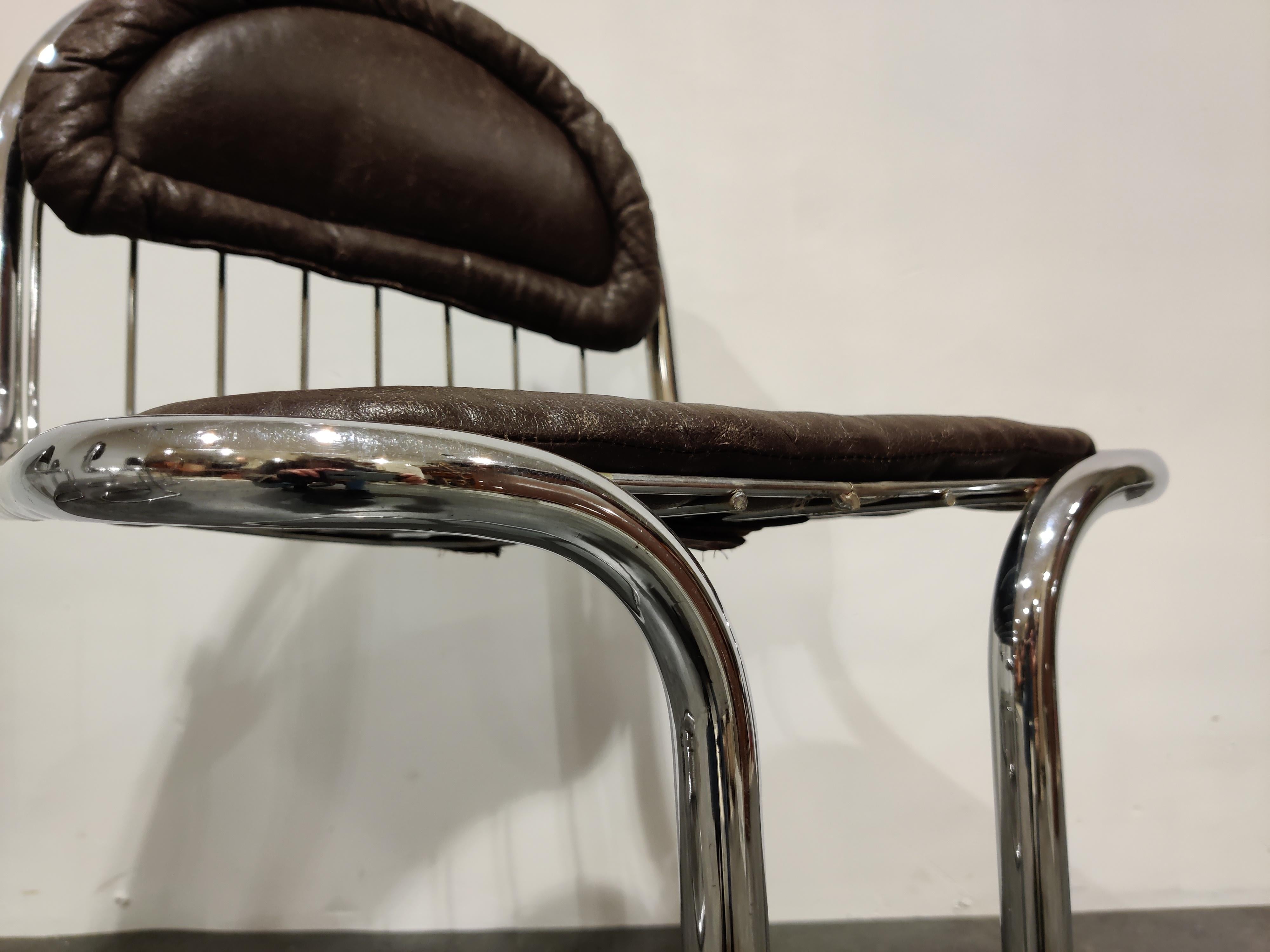 Belgian Vintage Chrome and Leather Cantilever Dining Chairs, 1970s