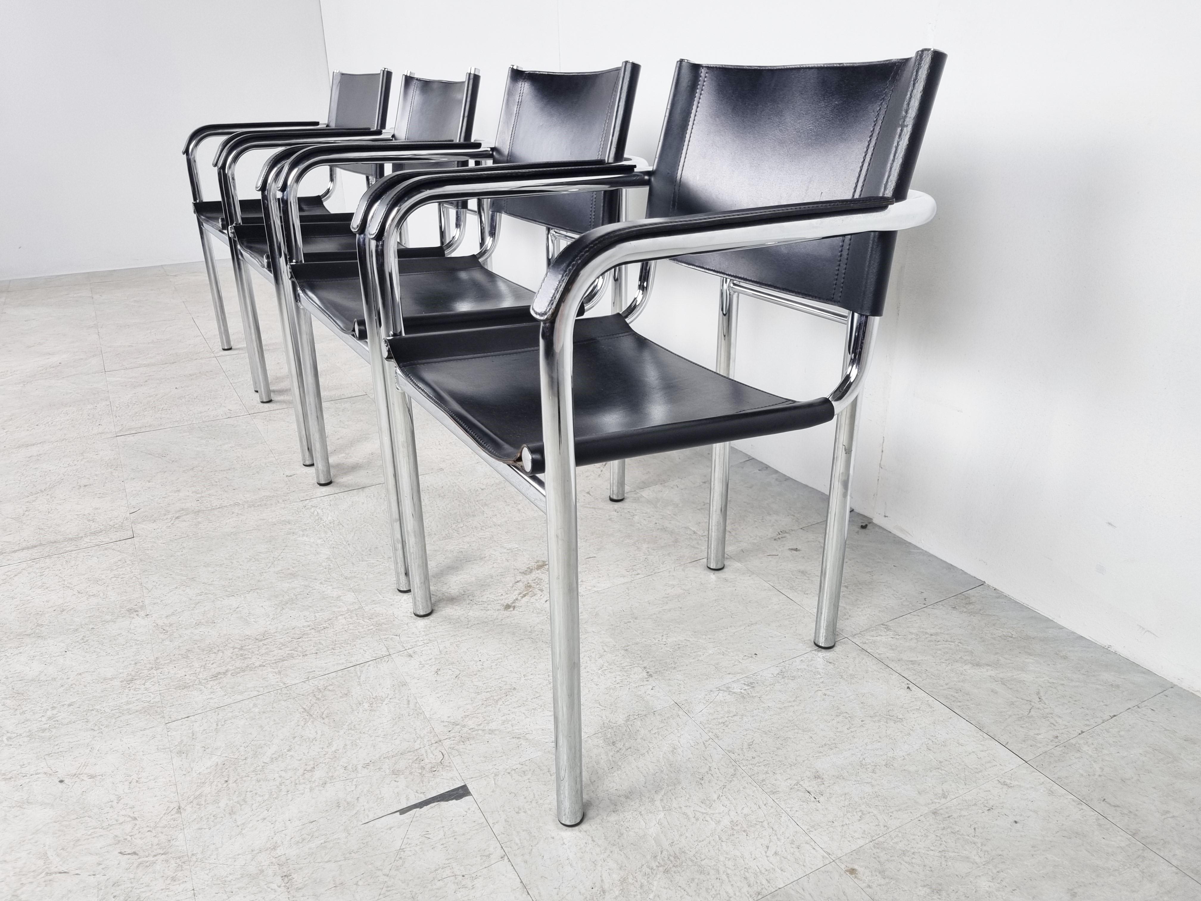 Late 20th Century Vintage Chrome and Leather Dining Chairs Set of 4, 1980s For Sale