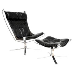 Vintage Chrome and Leather Falcon Chair with Stool by Sigurd Ressel