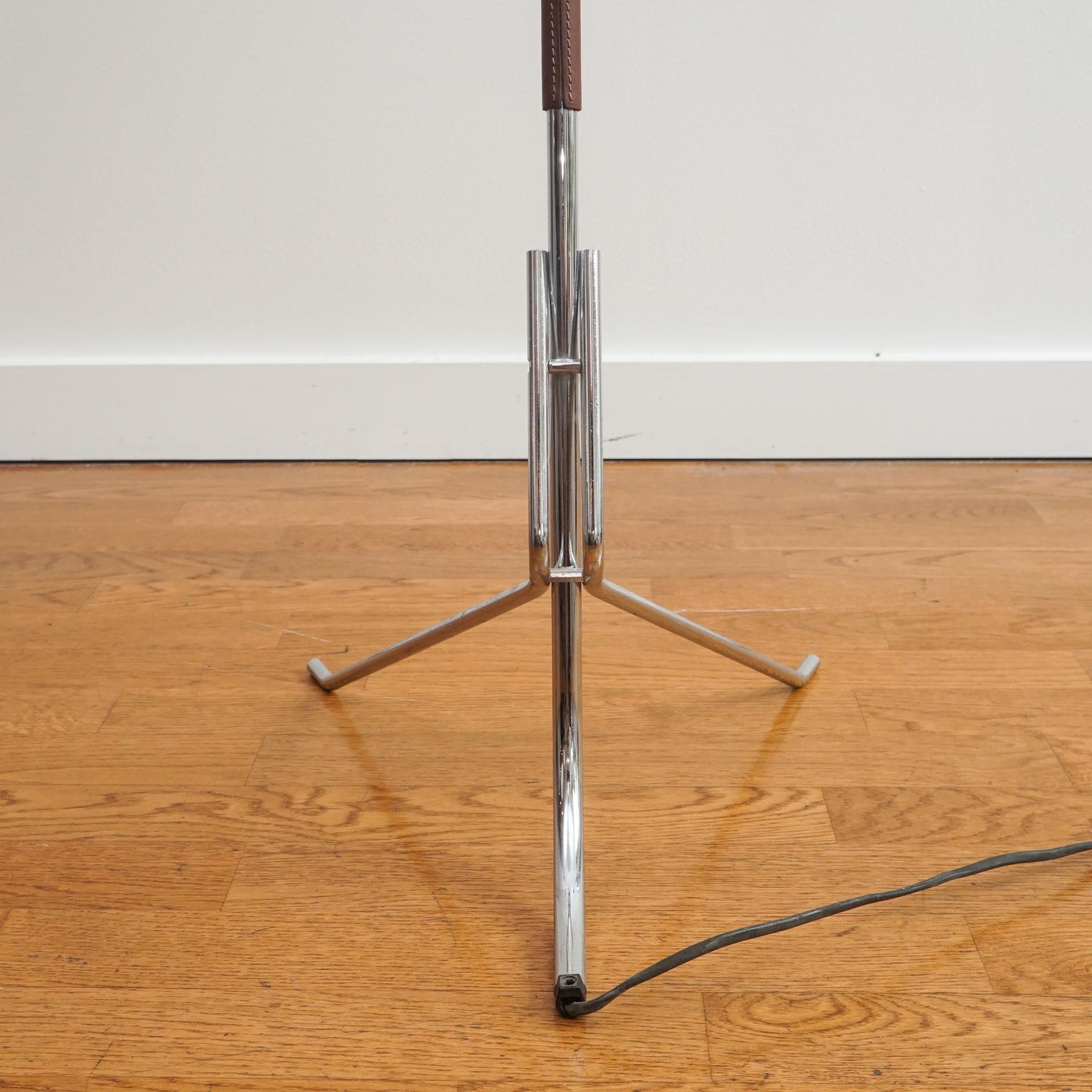 Mid-Century Modern Vintage Chrome and Leather Floor Lamp with Tripod Base