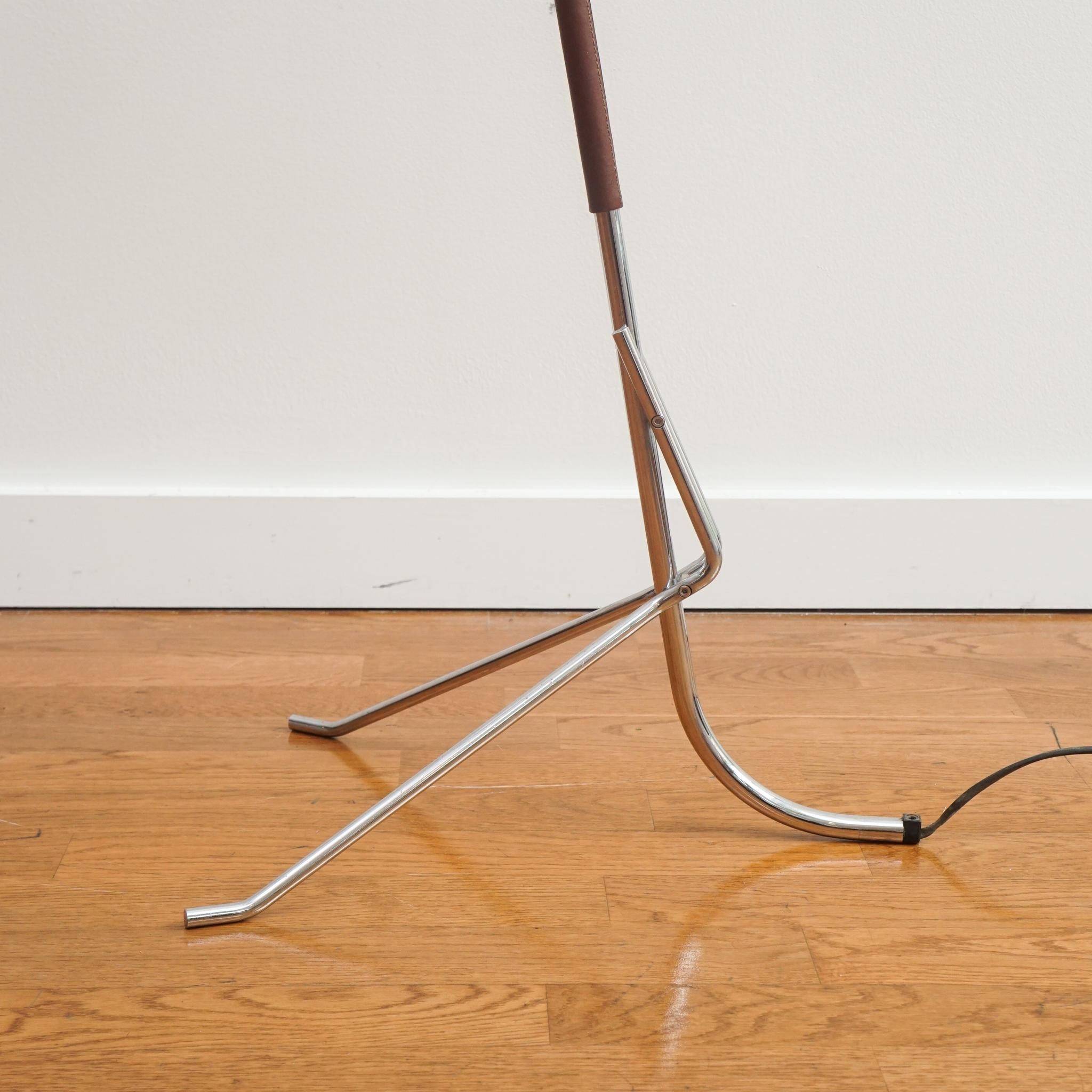 Machine-Made Vintage Chrome and Leather Floor Lamp with Tripod Base