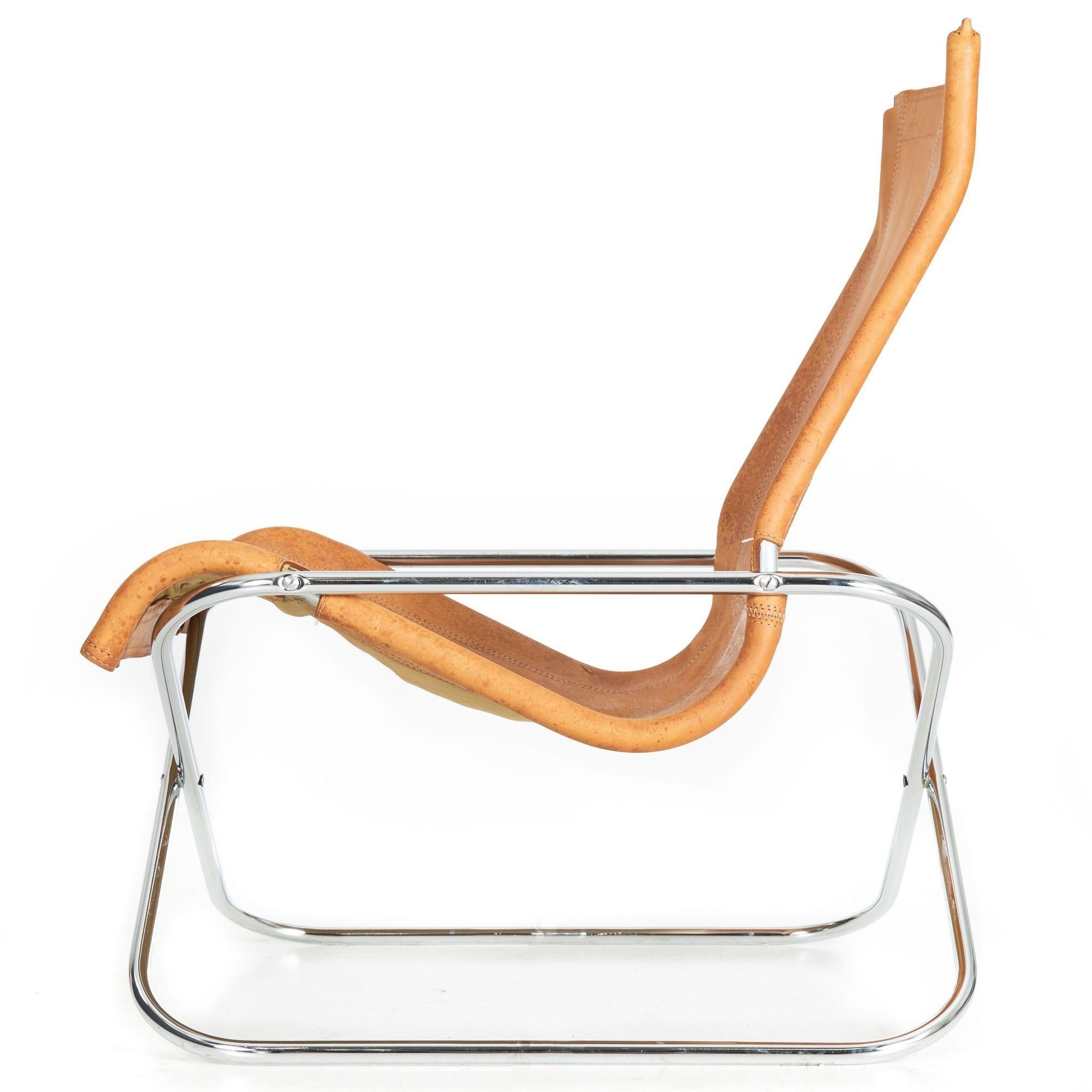 Postmoderne Chaise pliante Ny en acier tubulaire chromée et cuir de Takeshi Nii en vente