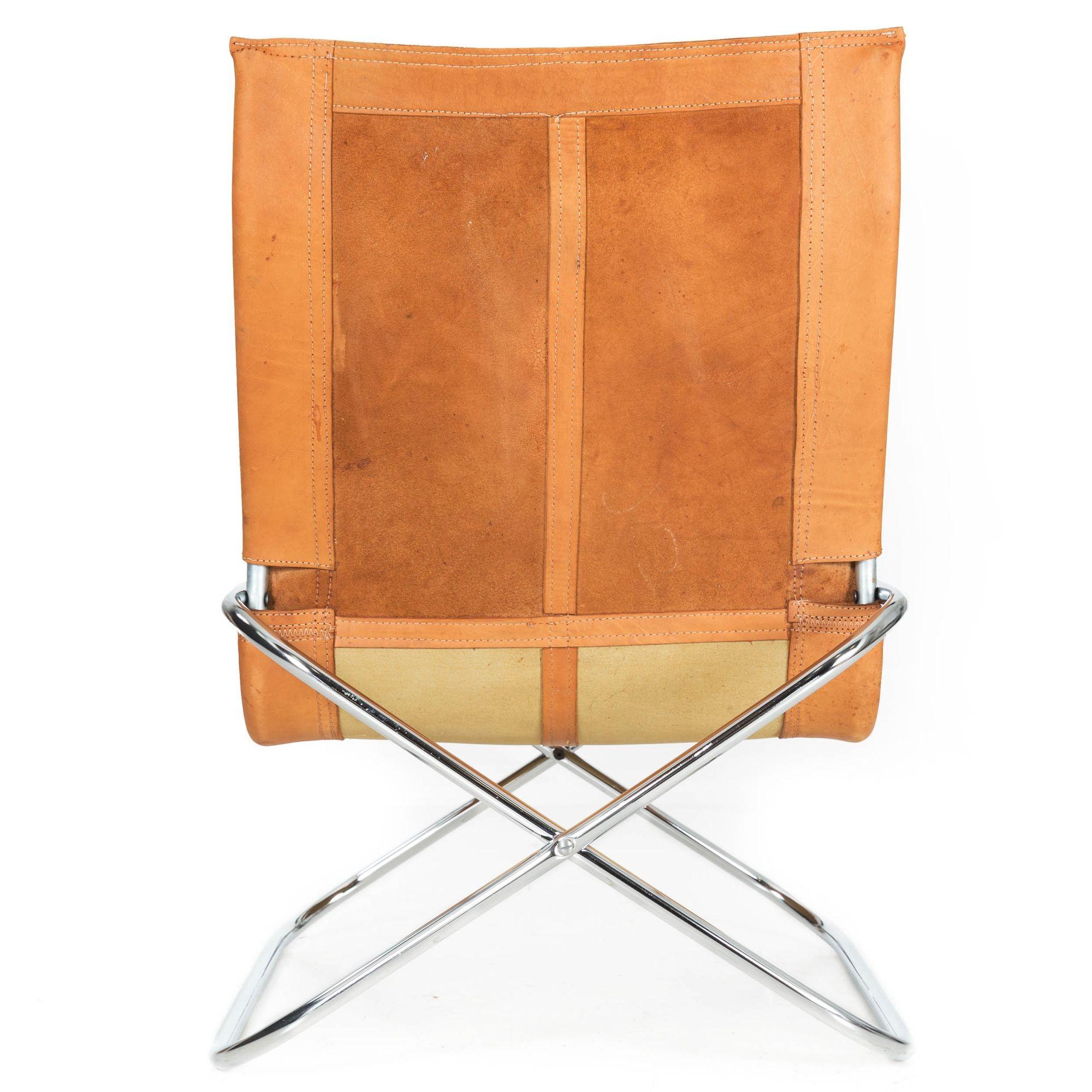 Japonais Chaise pliante Ny en acier tubulaire chromée et cuir de Takeshi Nii en vente