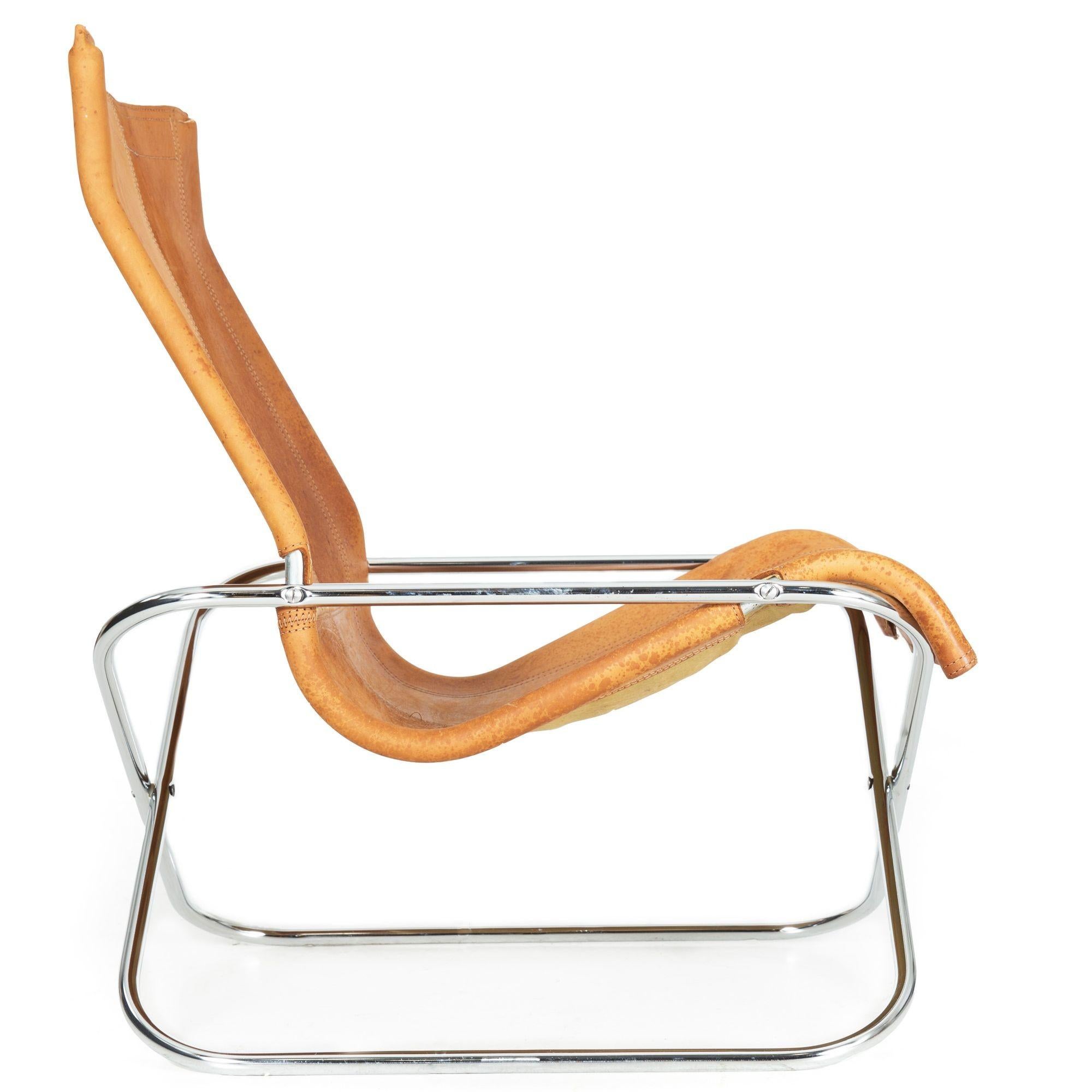 Chaise pliante Ny en acier tubulaire chromée et cuir de Takeshi Nii Bon état - En vente à Shippensburg, PA