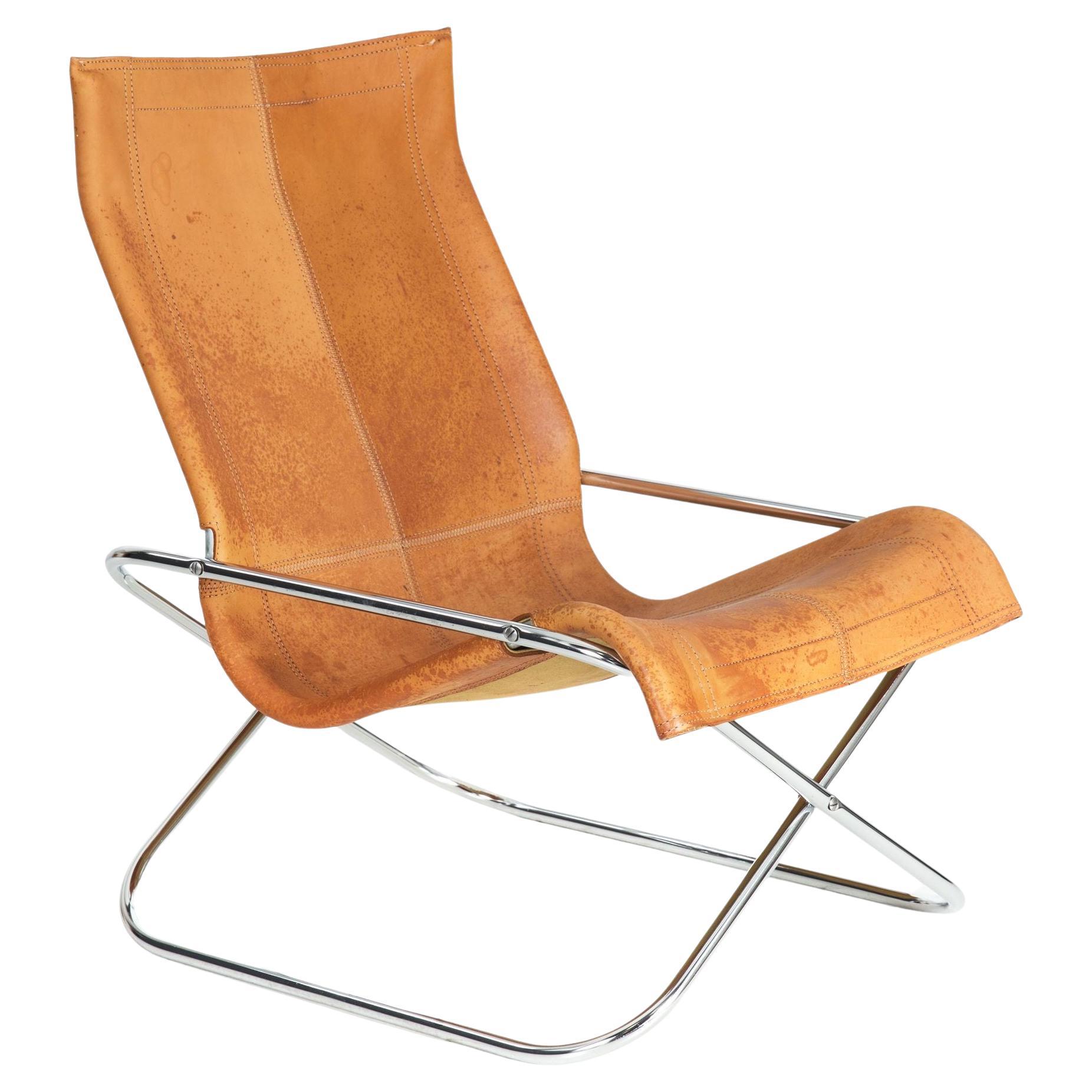 Chaise pliante Ny en acier tubulaire chromée et cuir de Takeshi Nii