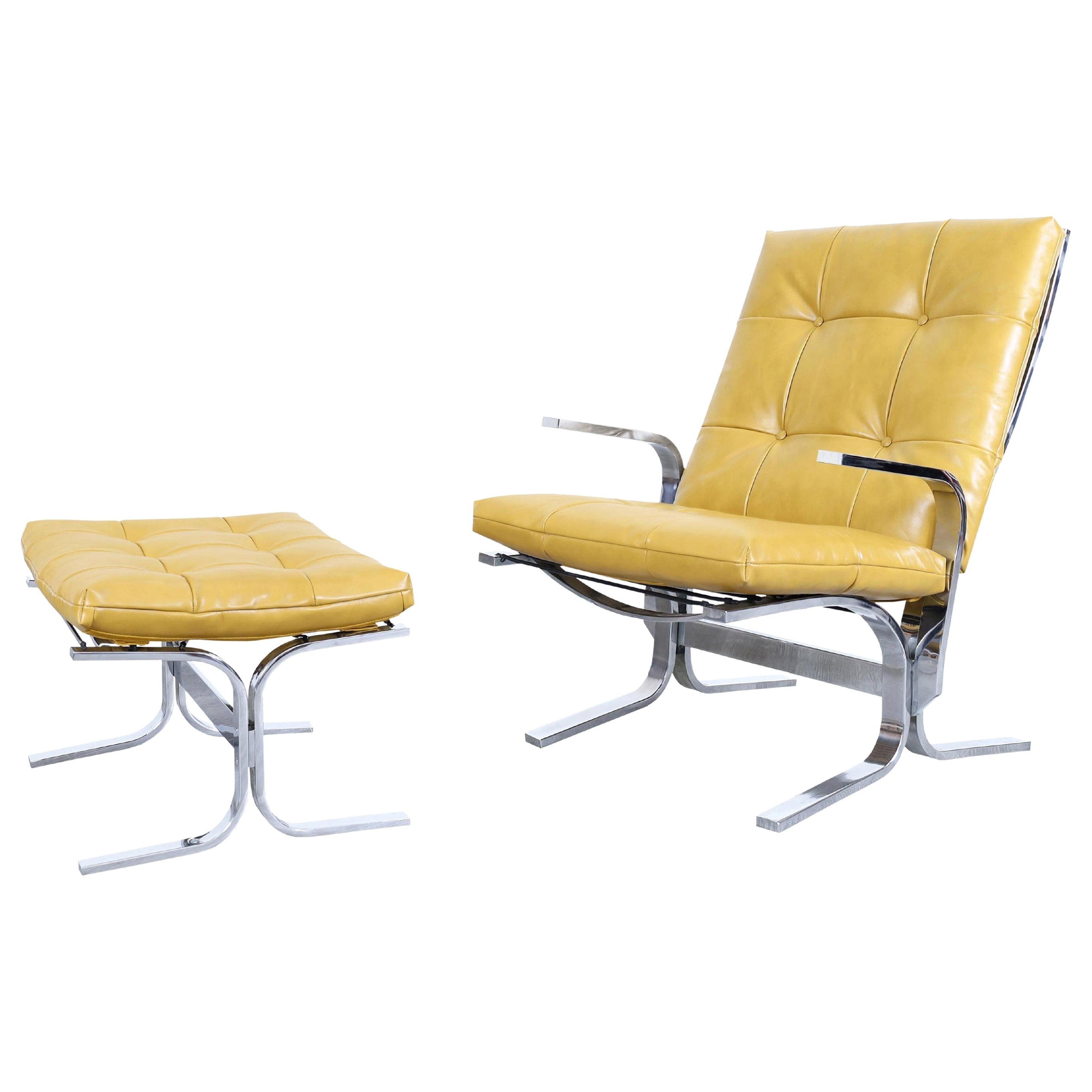 Vintage Chrome and Leather Lounge Chair and Ottoman