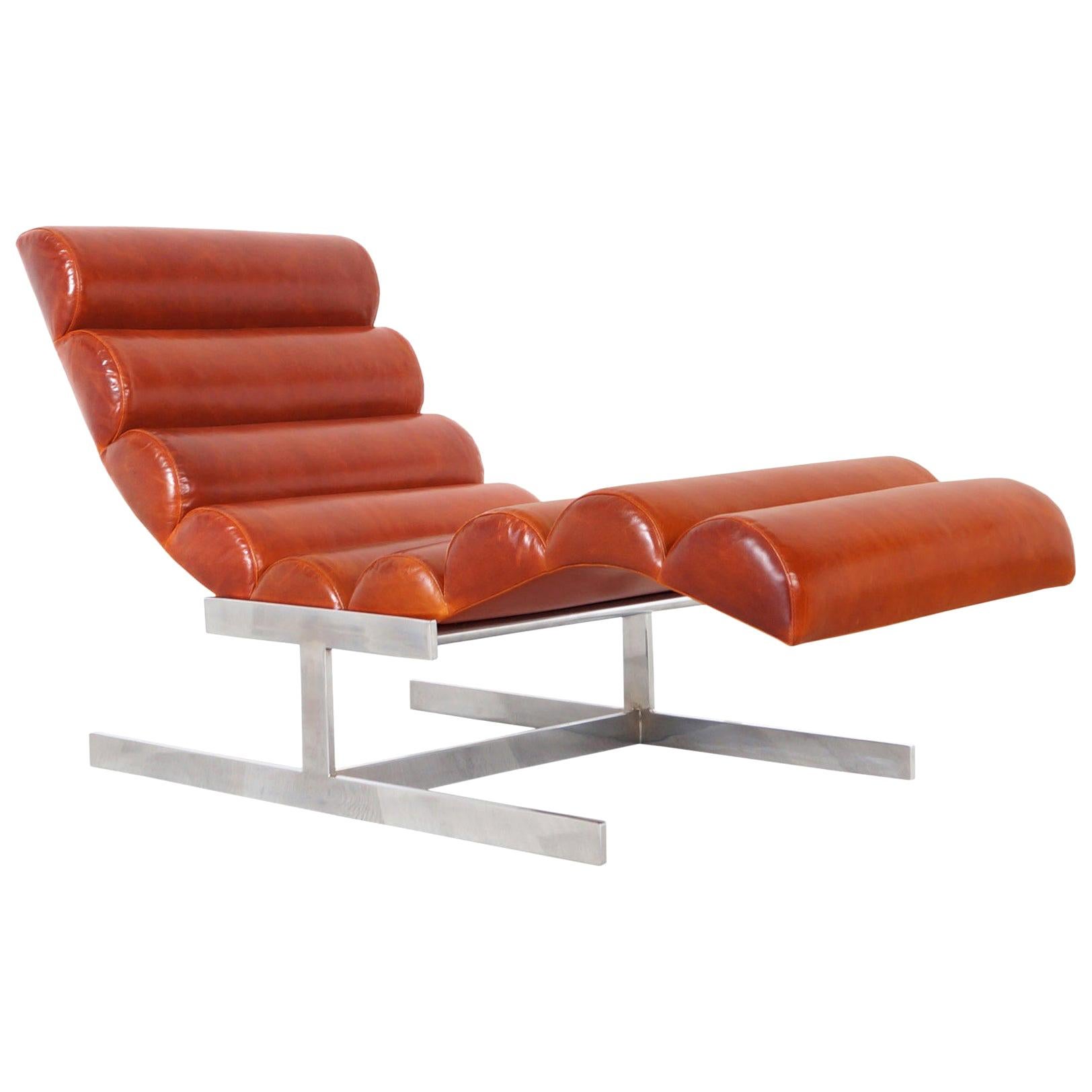 Vintage Chrome and Leather "Wave" Chaise Lounge Attributed to Milo Baughman