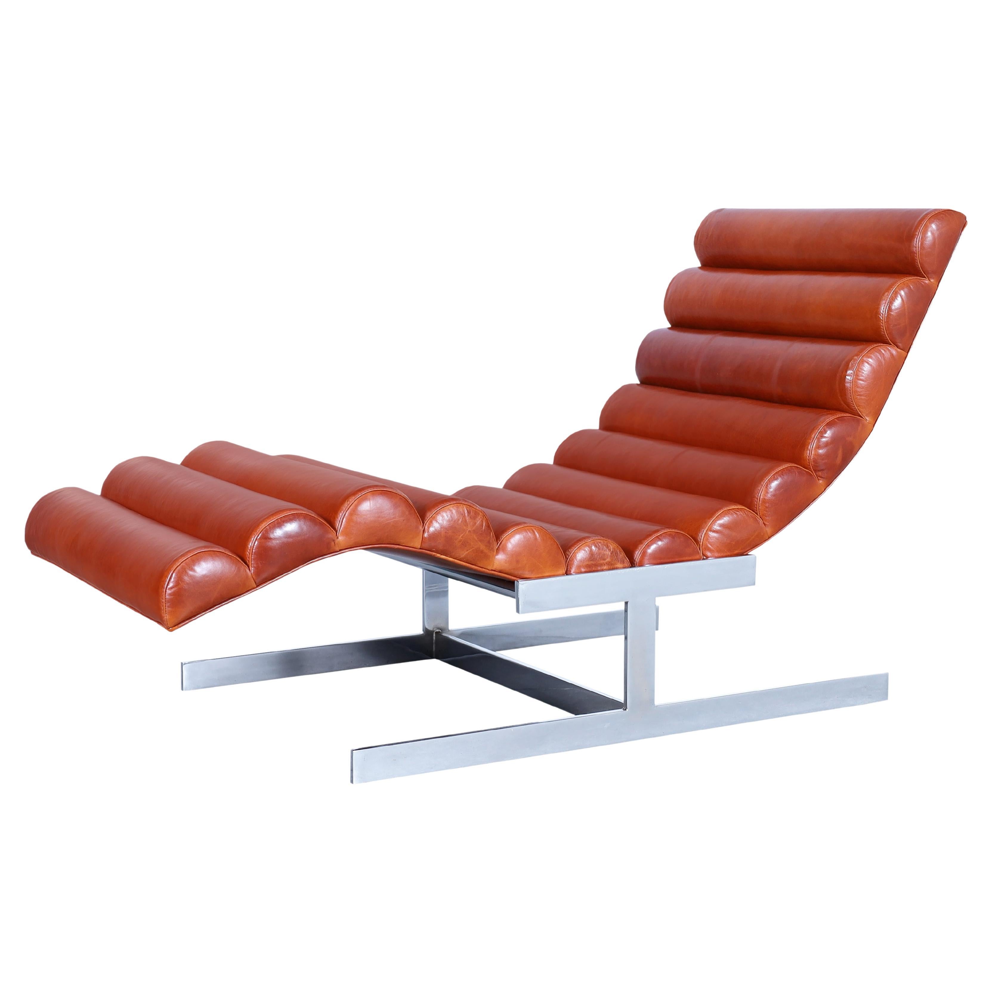 Vintage Chrome and Leather "Wave" Chaise Lounge Attributed to Milo Baughman For Sale