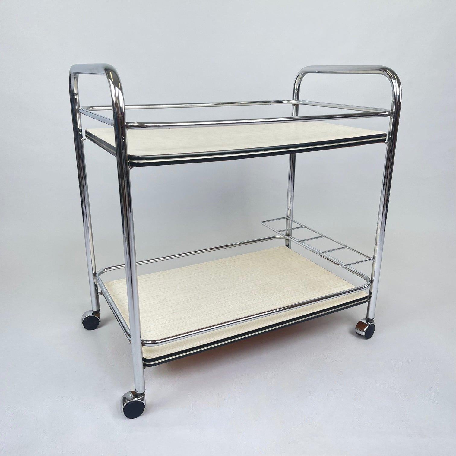 Czech Vintage Chrome and Plywood Serving Cart, 1980's