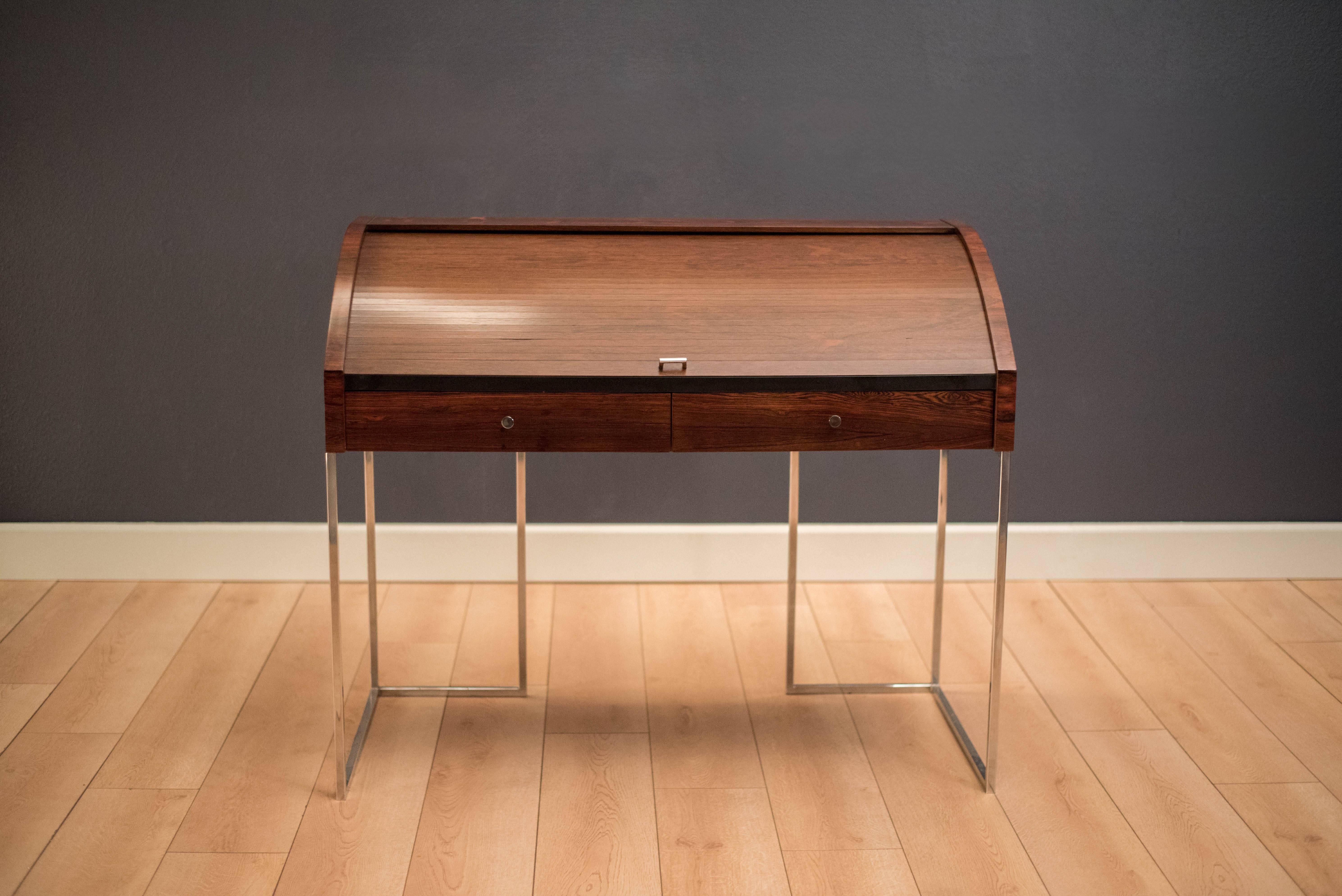 Mid-Century Modern Vintage Chrome and Rosewood Tambour Roll Top Desk