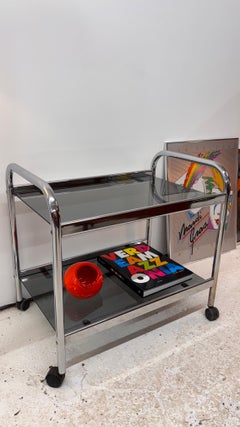 vintage Chrome and Smoked Glass Mid-Century Modern Bar Cart