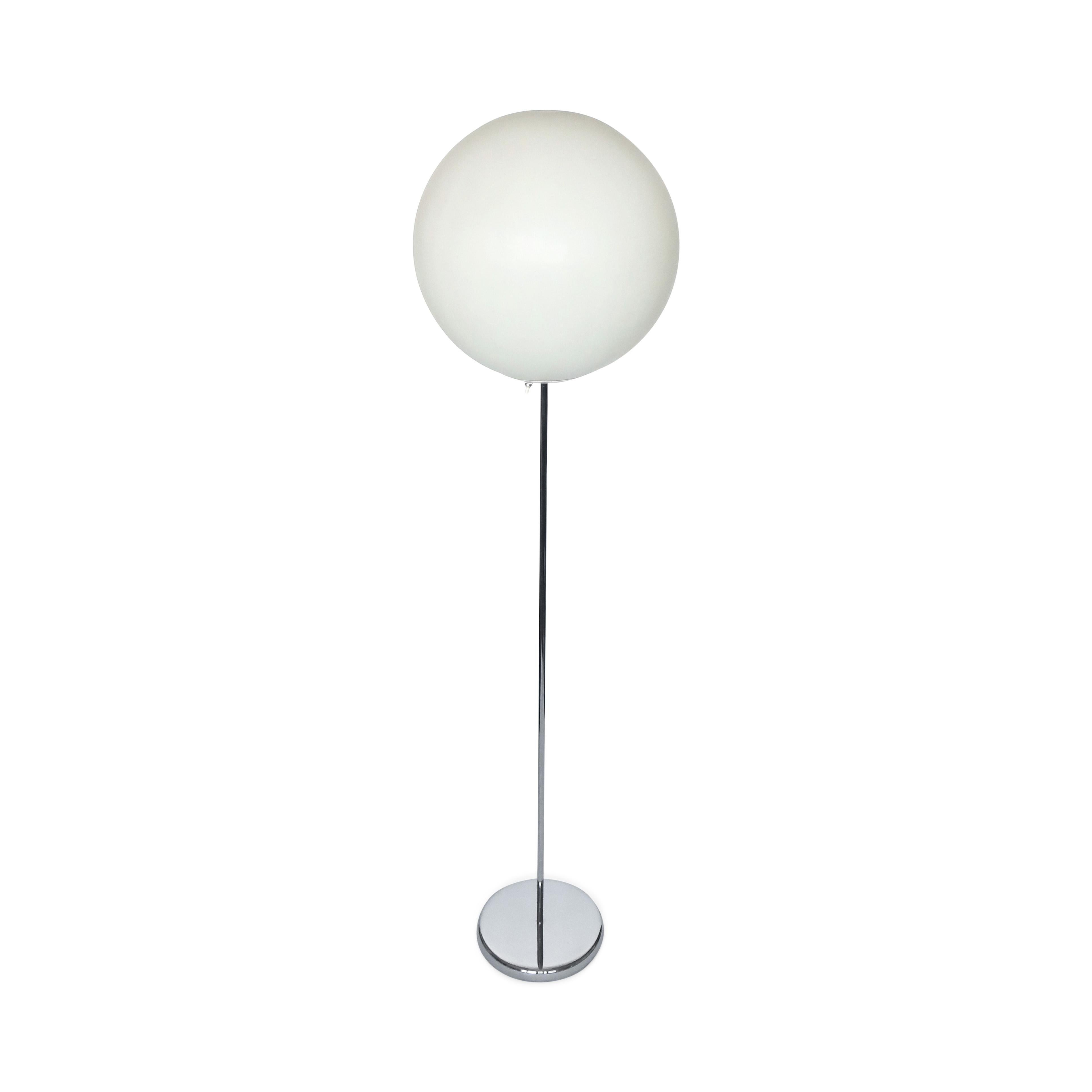 A beautiful Mid-Century Modern floor lamp with white globe shade in the style of Robert Sonneman and Neal Small. Includes a spherical light-diffusing plastic shade (much safer than a glass shade!), a round weighted chrome base, and slender chrome
