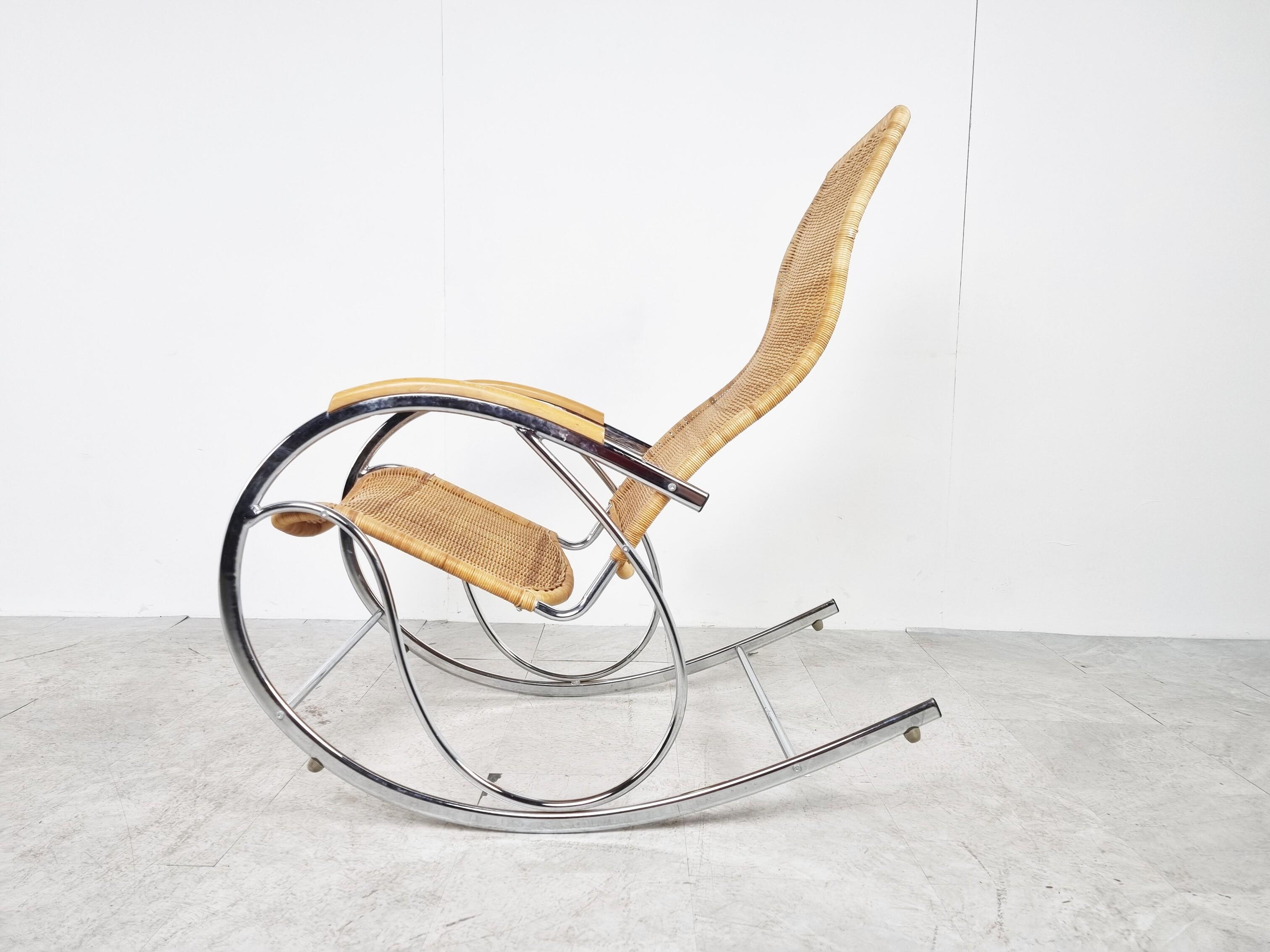 Bauhaus Vintage Chrome and Wicker Rocking Chair, 1970s For Sale