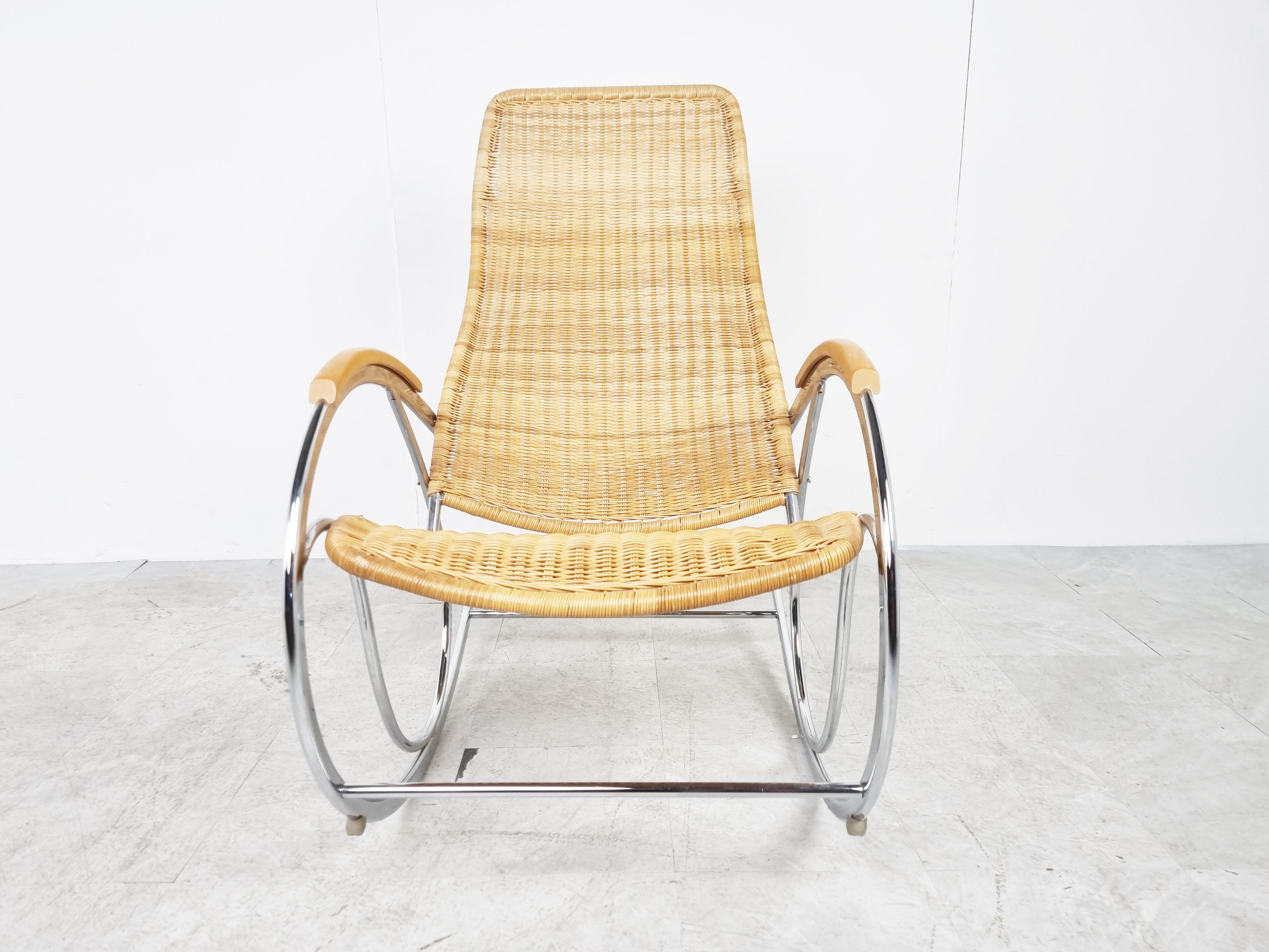 Late 20th Century Vintage Chrome and Wicker Rocking Chair, 1970s