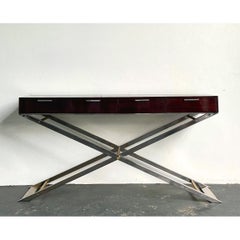Console vintage en chrome et bois avec des touches de laiton