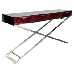 Console vintage en chrome et bois avec des touches de laiton
