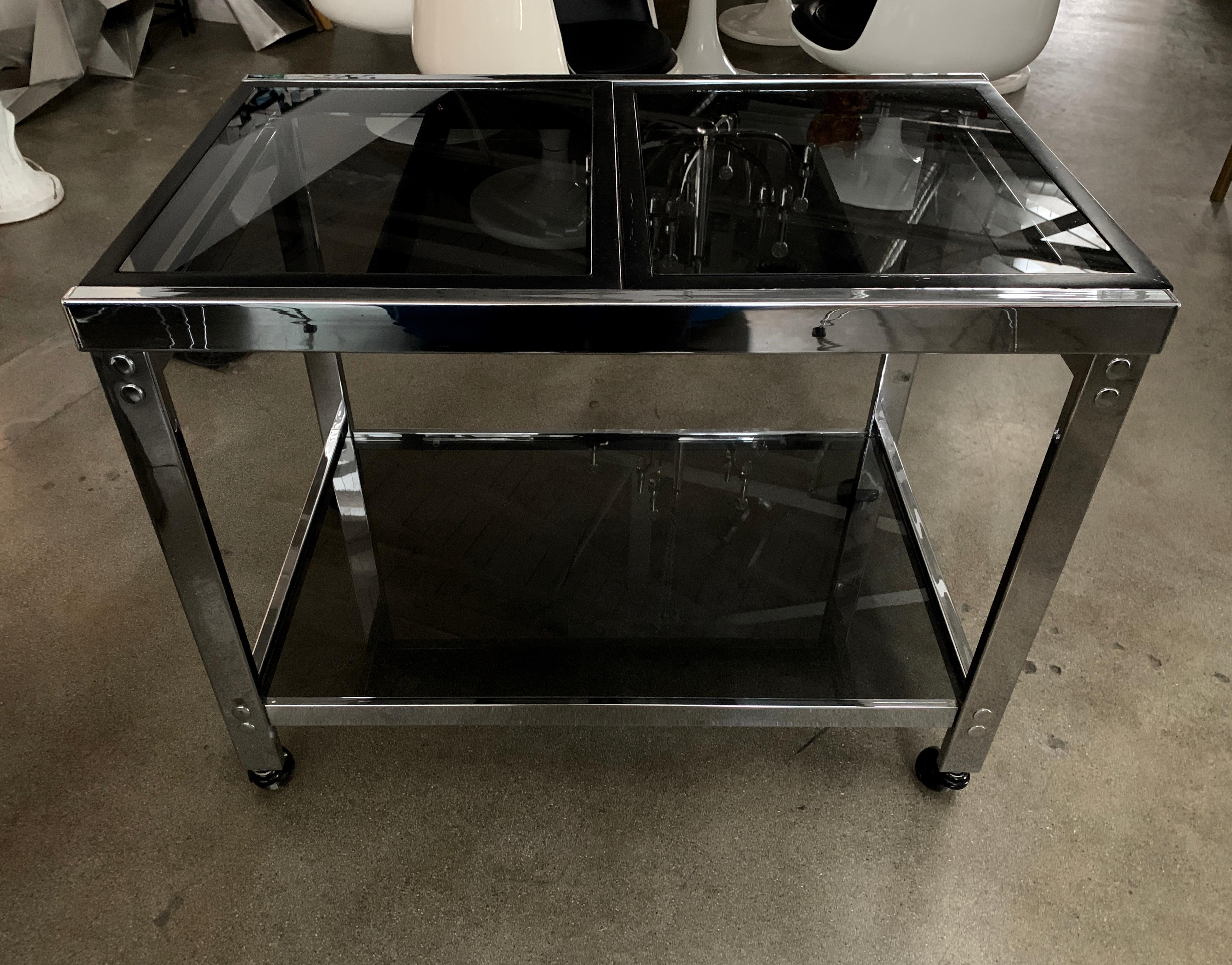 Late 20th Century Vintage Chrome Bar Cart with Smoked Glass