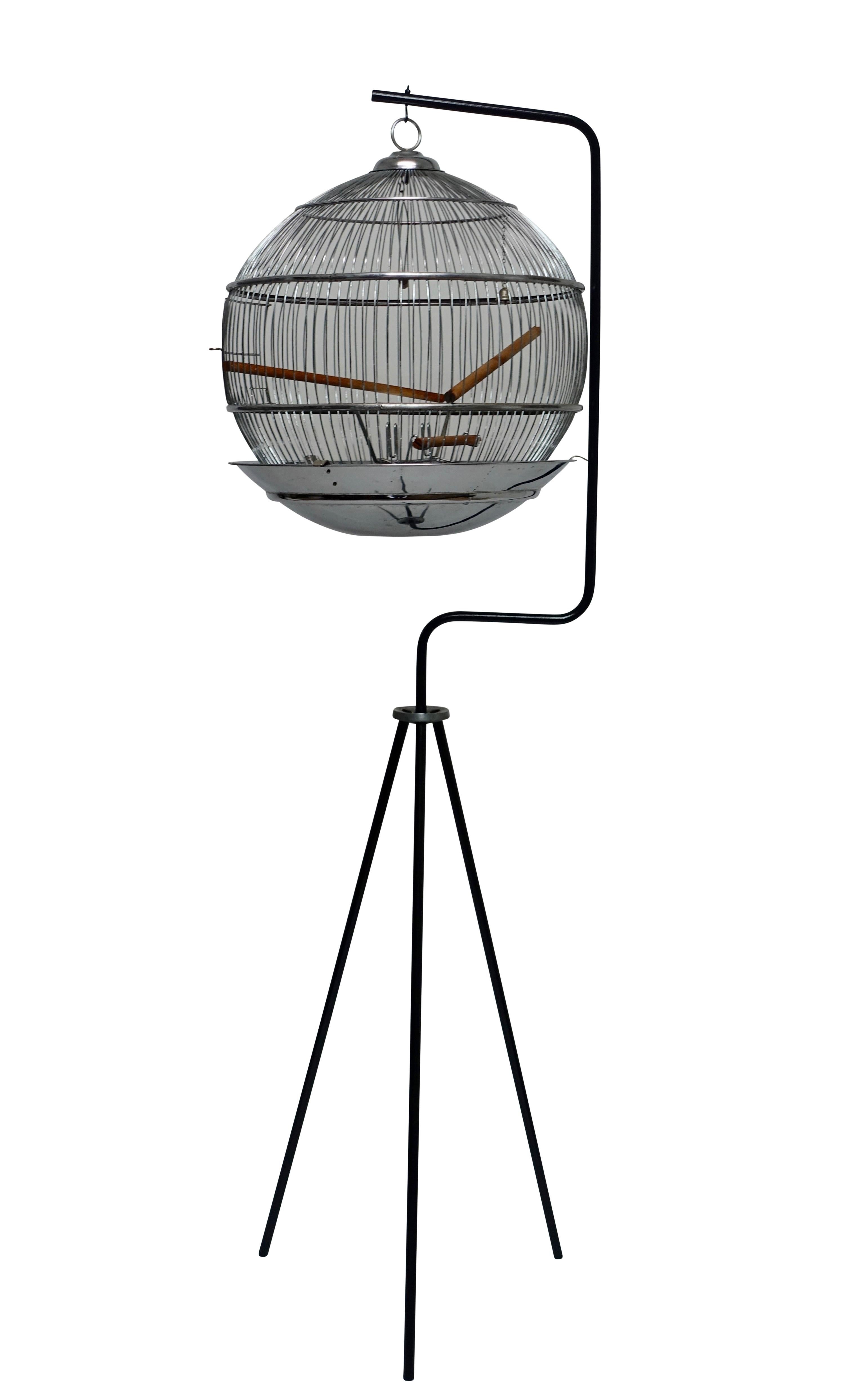 Vintage Chrome Bird Cage on Tripod Stand, American, circa 1950 In Good Condition In San Francisco, CA